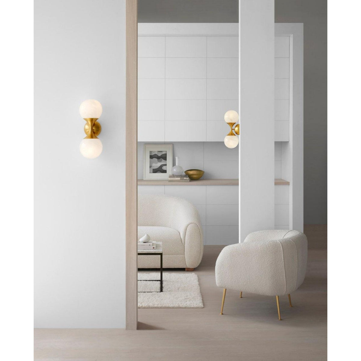 AERIN Cristol Small Double Sconce in Hand-Rubbed Antique Brass with White Glass W6" x H15.75" x E6.25"