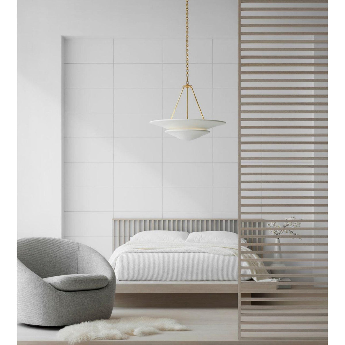 AERIN Mollino Large Tiered Chandelier in Hand-Rubbed Antique Brass with Plaster White Shade W32" x H25"