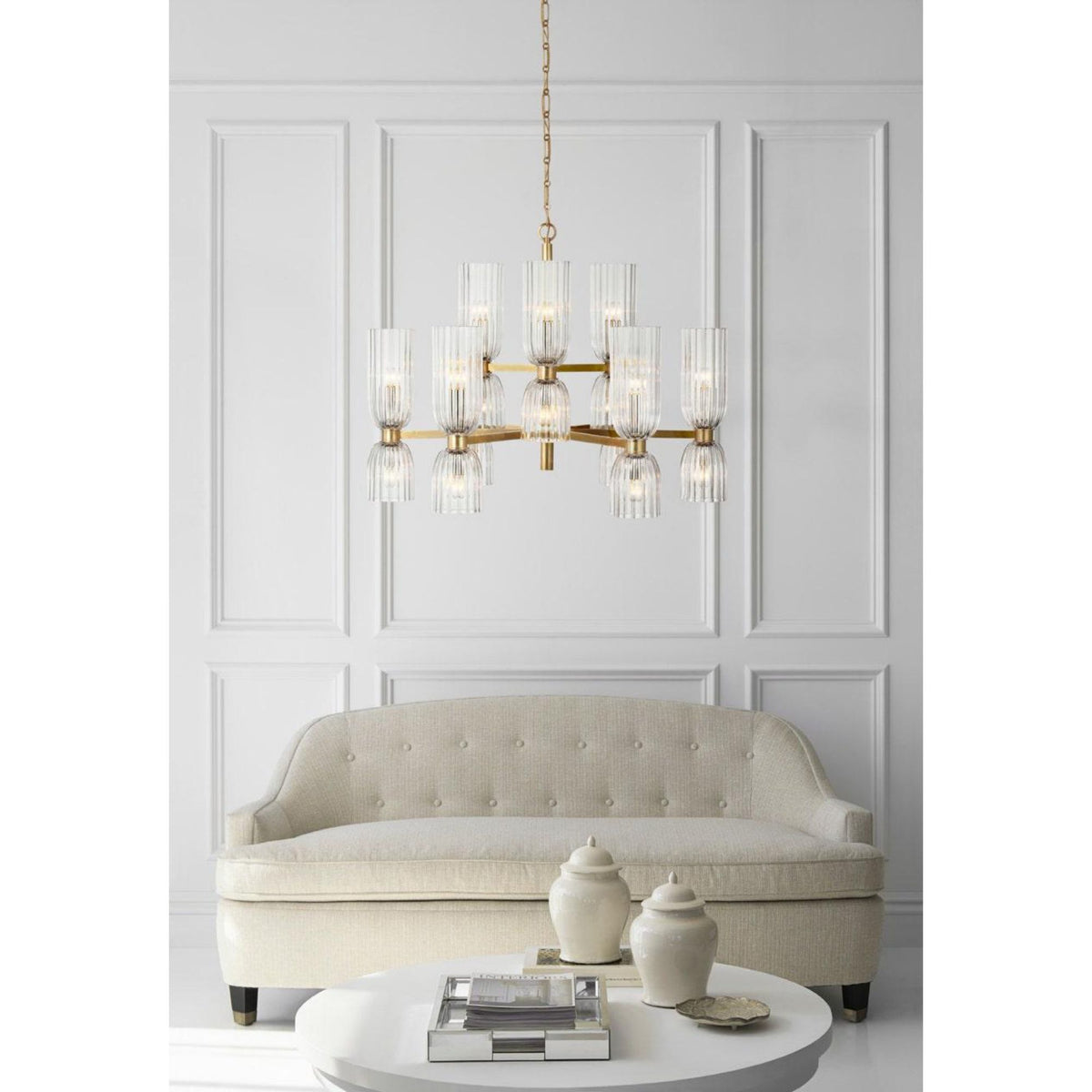 AERIN Asalea Medium Two-Tier Chandelier in Hand-Rubbed Antique Brass with Clear Glass W34" x H27.5"