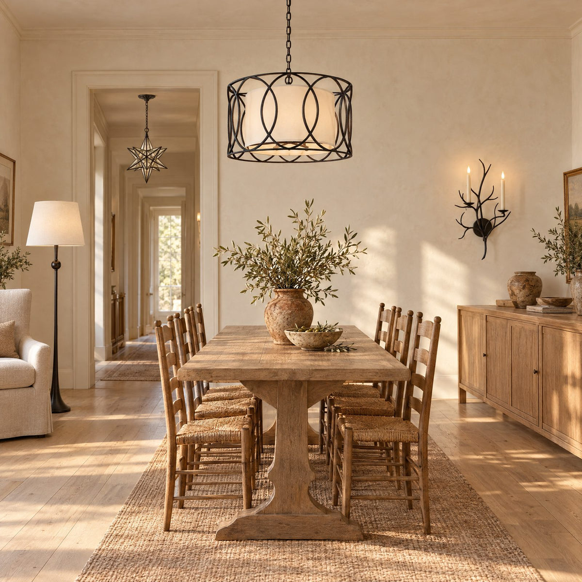 Shop the look: Modern European dining room with a Troy Sausalito textured iron chandelier over an oak table, Chapman & Myers aged iron branch sconces, a Moravian star lantern in the hall and an AERIN Dover iron floor lamp