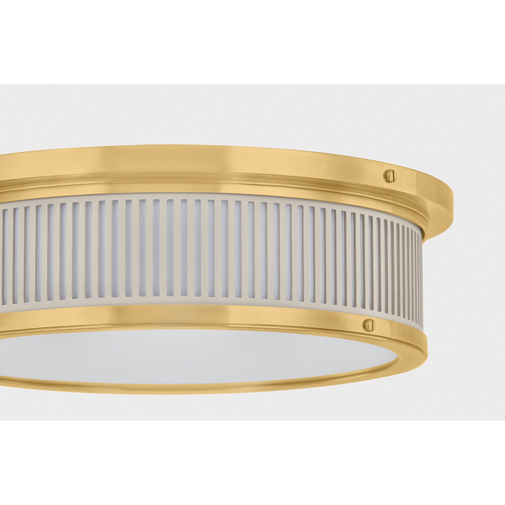 Ashdown 1-Light Flush Mount in Aged Brass by Mark D. Sikes 14W x 4H (Off-White)