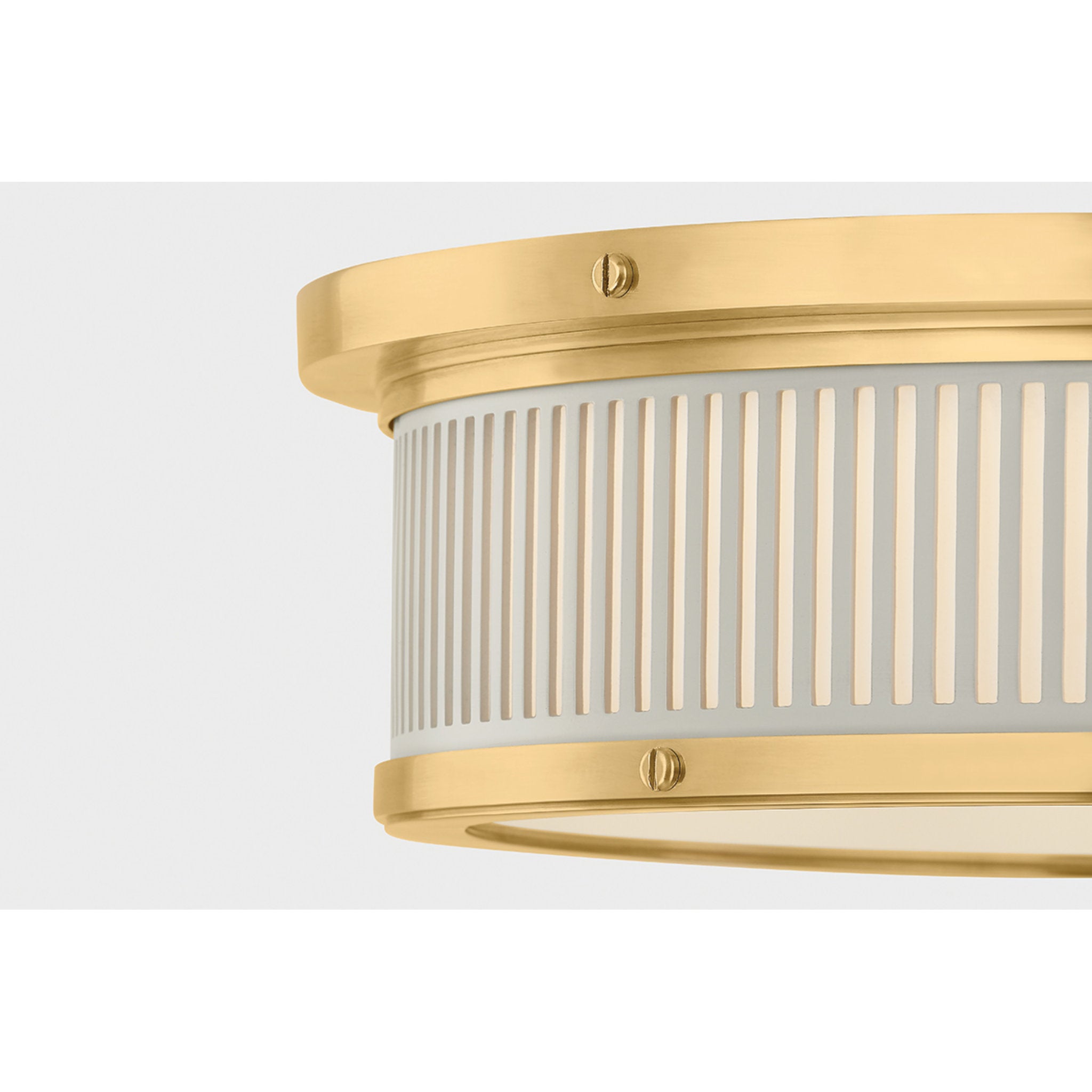 Ashdown 1-Light Flush Mount in Aged Brass by Mark D. Sikes 14W x 4H (Off-White)