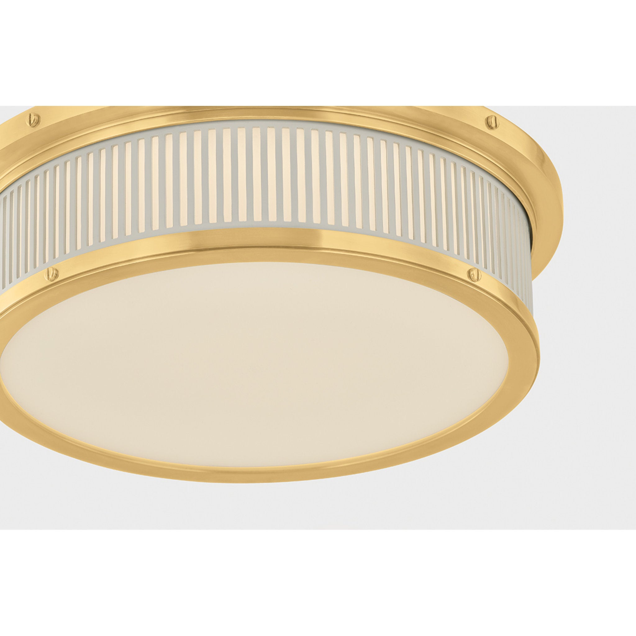 Ashdown 1-Light Flush Mount in Aged Brass by Mark D. Sikes 14W x 4H (Off-White)