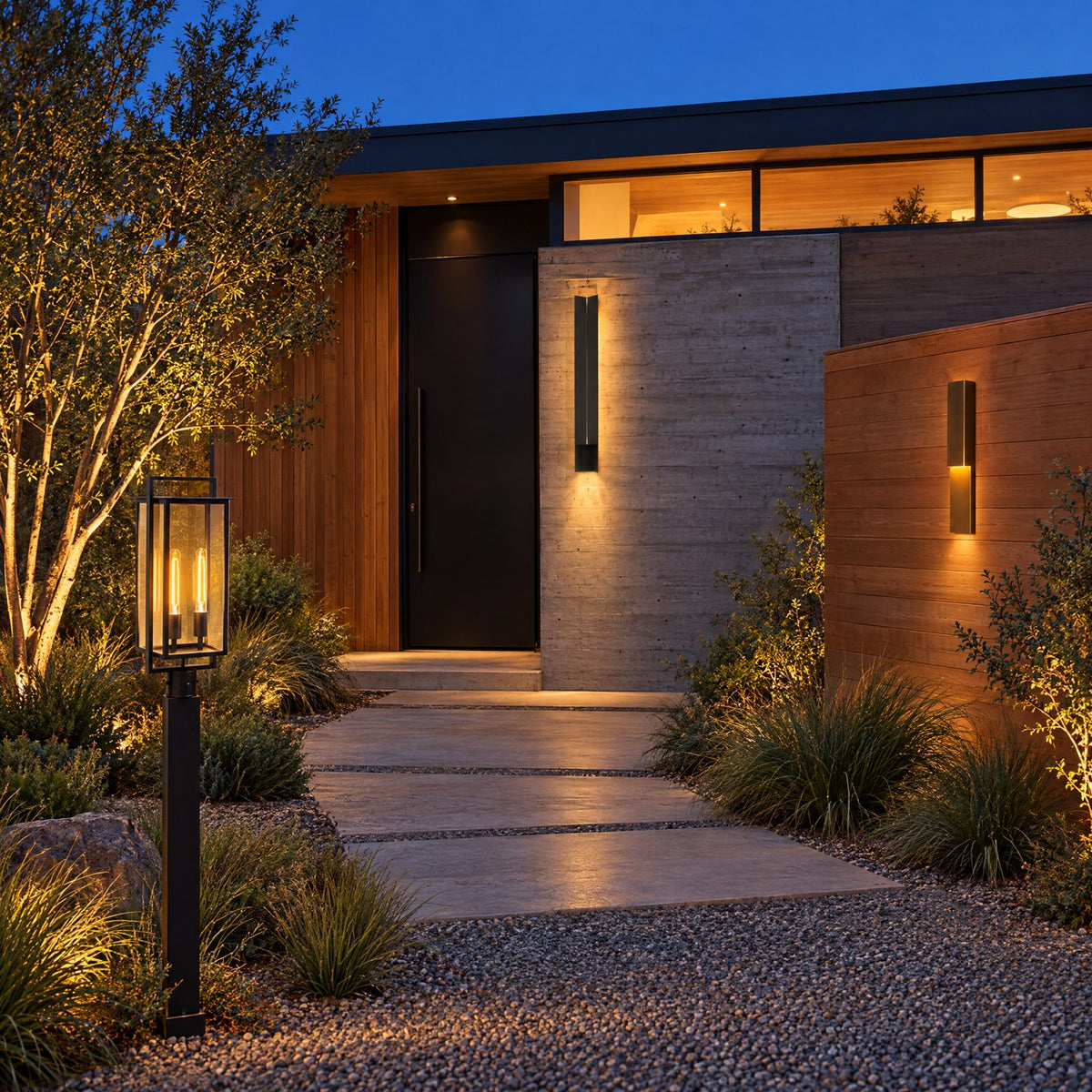 Shop the look: Modern concrete and cedar home at dusk with shielded wall lights at the pivot door, folded bronze sconces on a garden wall, uplit trees, path lights, and an iron post lantern