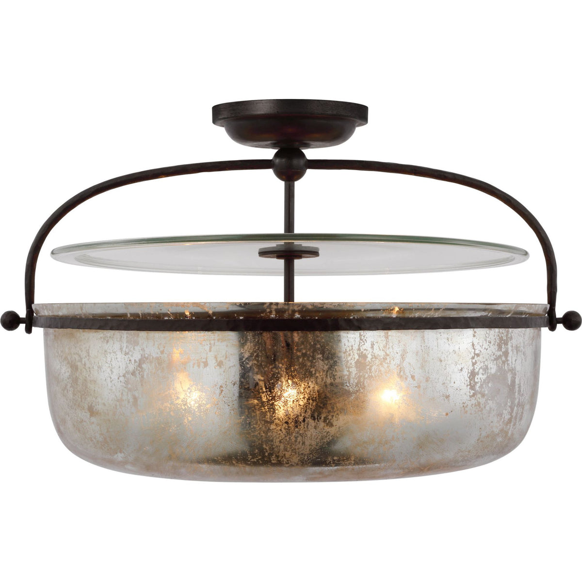Chapman & Myers Lorford Large Semi Flush Lantern in Aged Iron with Antique Mercury Glass W28" x H17.5"