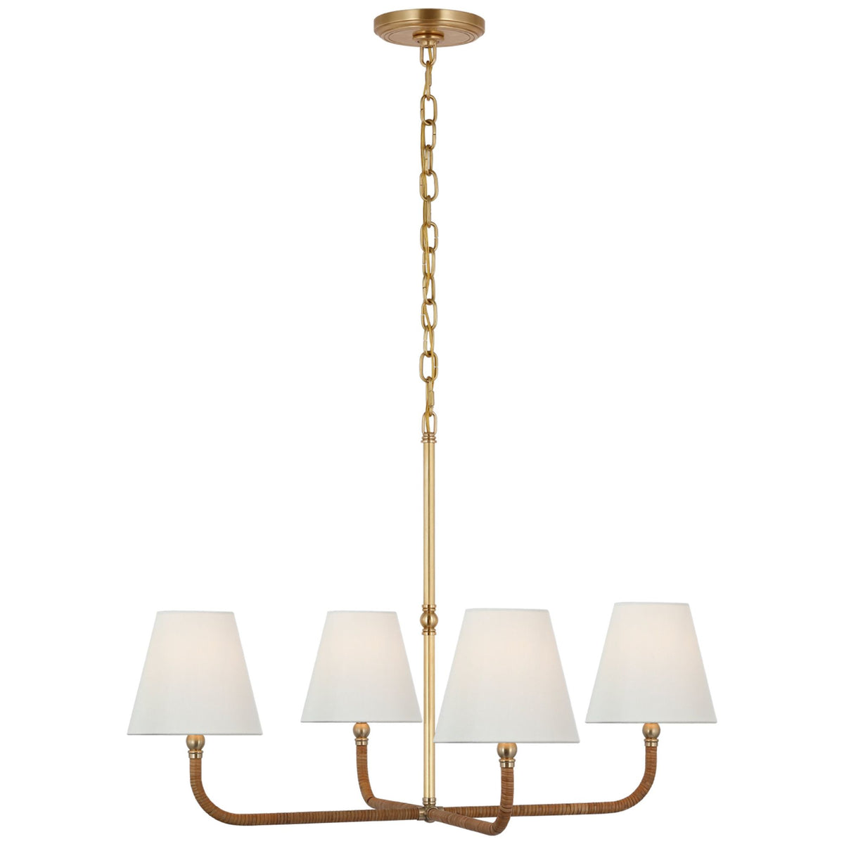 Chapman & Myers Basden Medium Single Tier Chandelier in Antique-Burnished Brass and Natural Rattan with Linen Shades W32" x H22"