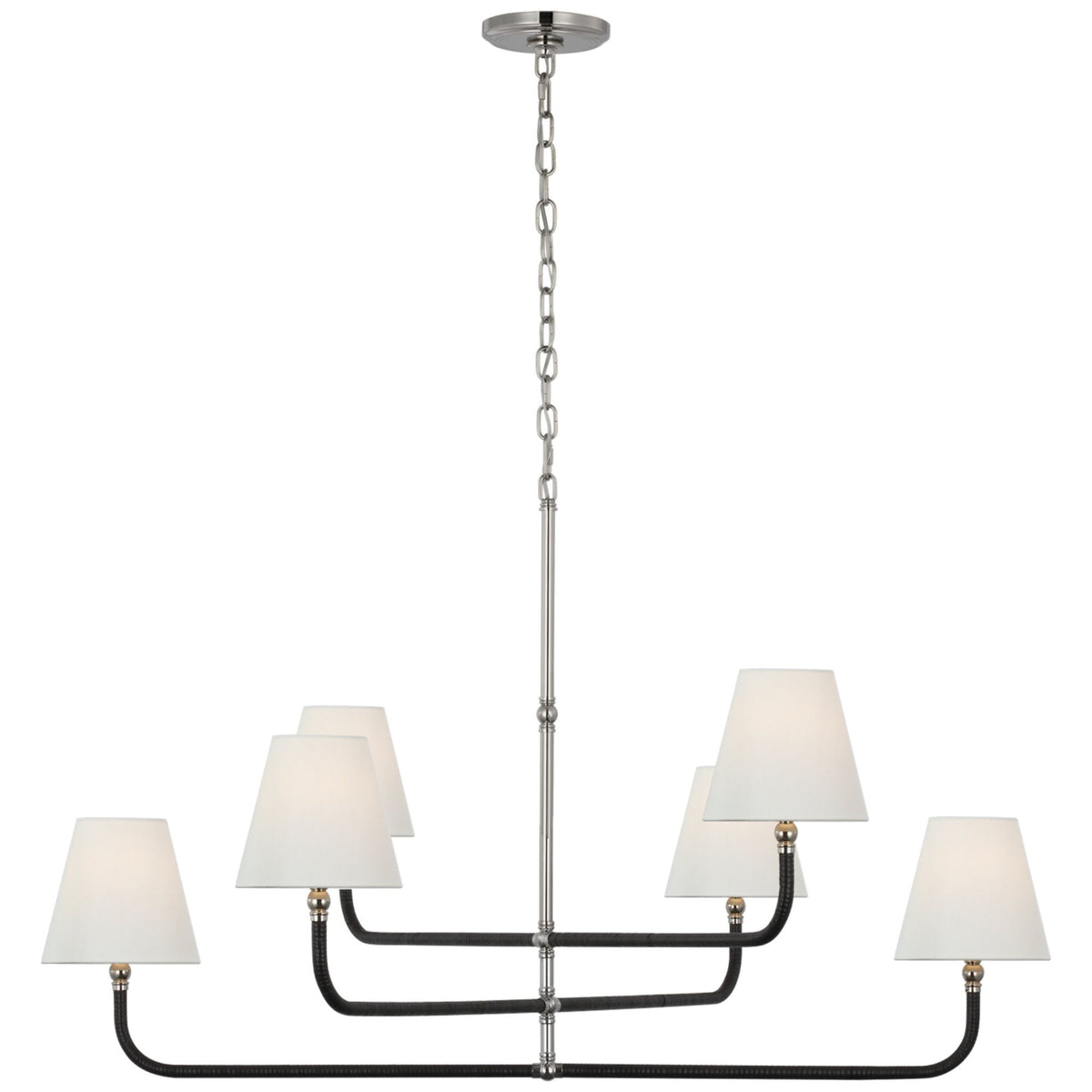 Chapman & Myers Basden Extra Large Three Tier Chandelier in Polished Nickel and Black Rattan with Linen Shades W46" x H28"