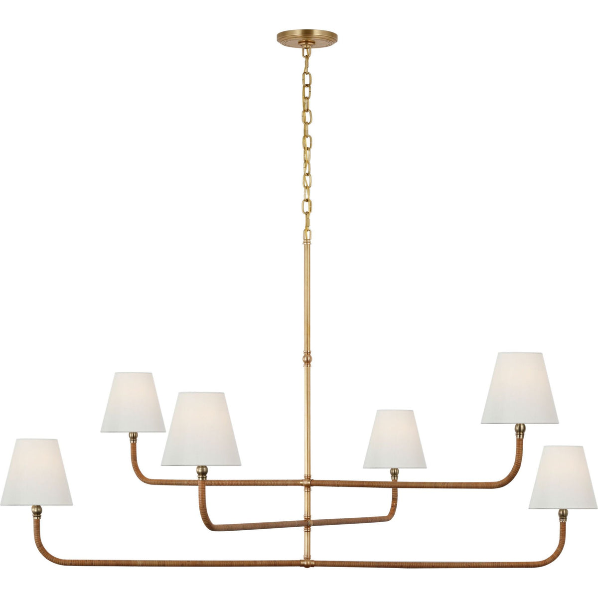 Chapman & Myers Basden Grande Three Tier Chandelier in Antique-Burnished Brass and Natural Rattan with Linen Shades W60" x H34"