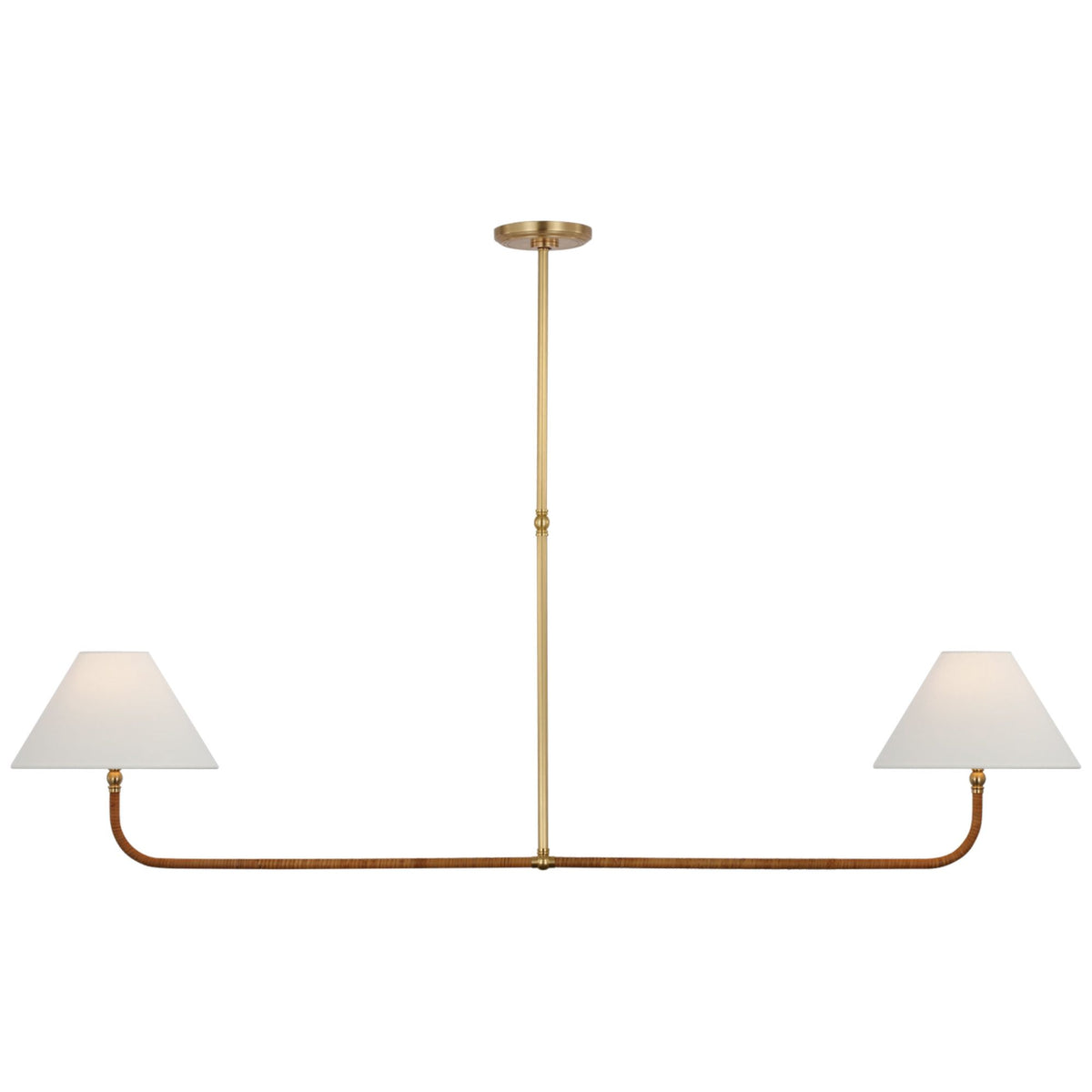 Chapman & Myers Basden Extra Large Linear Chandelier in Antique-Burnished Brass and Natural Rattan with Linen Shades W11" x 63"