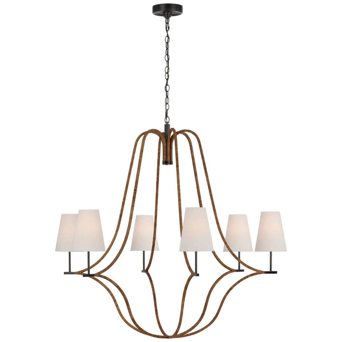 Chapman & Myers Biscayne Extra Large Wrapped Chandelier in Bronze and Natural Rattan with Linen Shades W45.75" x H42.75"