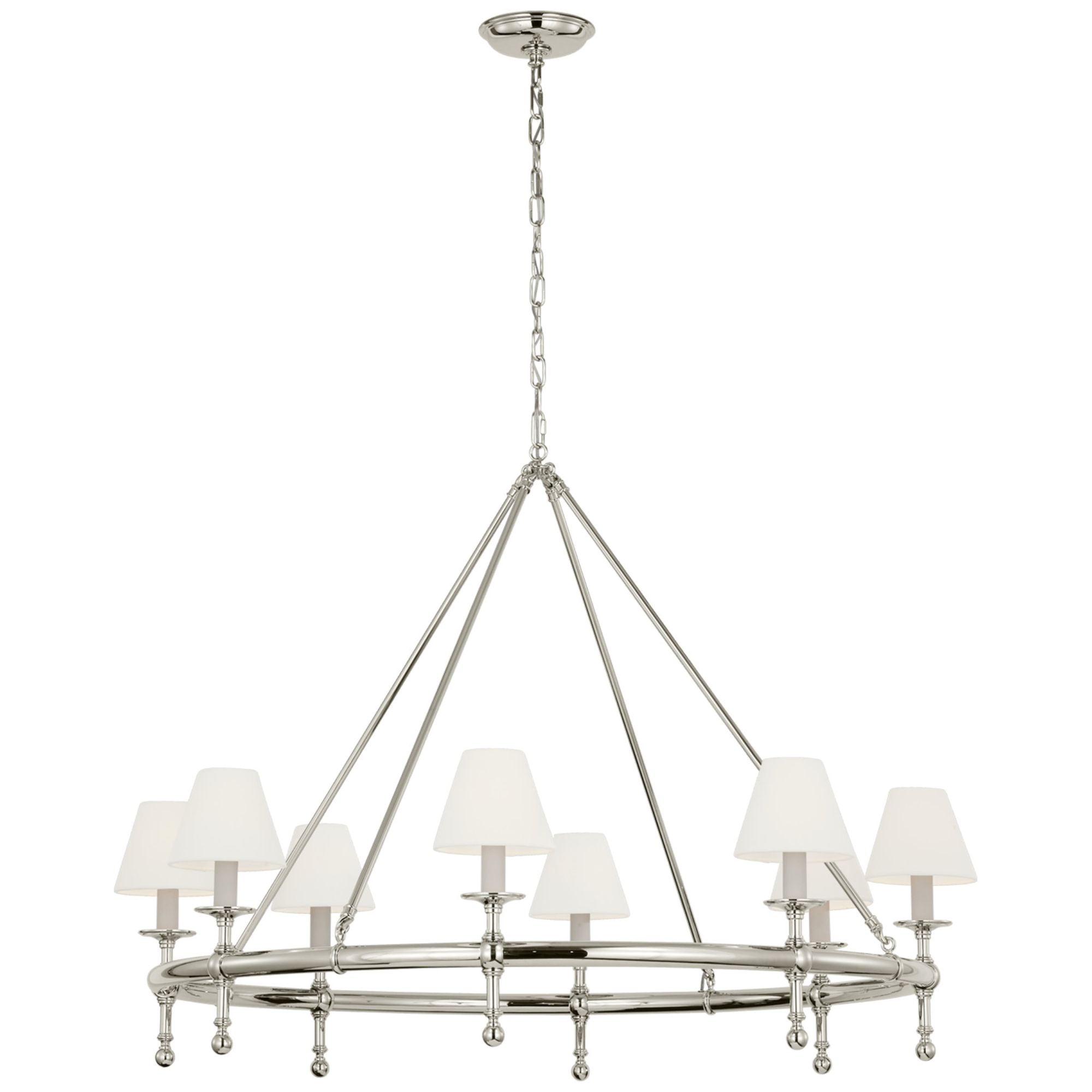 Chapman & Myers Classic 42" Ring Chandelier in Polished Nickel with Linen Shades Ceiling Light W44"