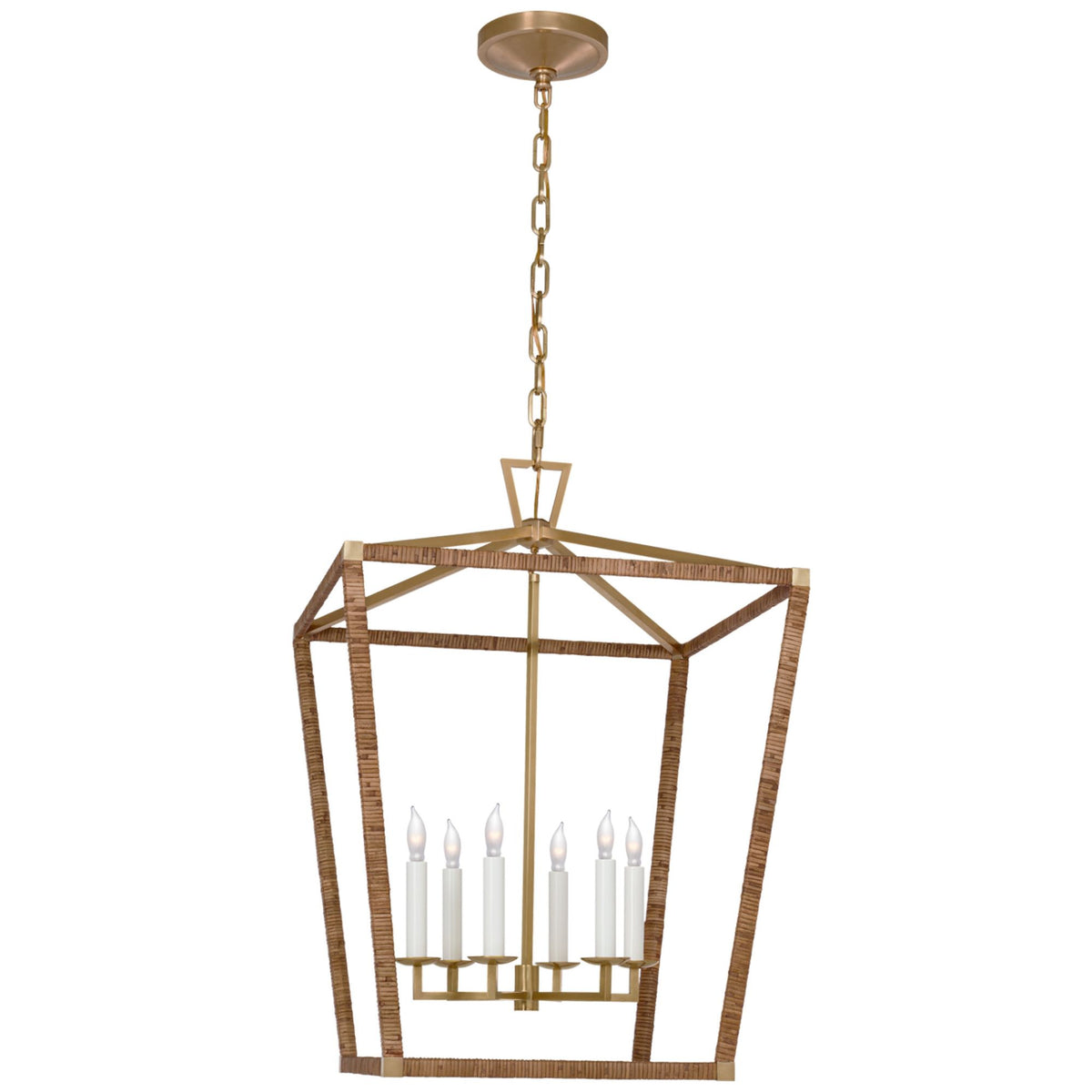 Chapman & Myers Darlana Large Wrapped Lantern in Antique-Burnished Brass and Natural Rattan W24" x H34.25"