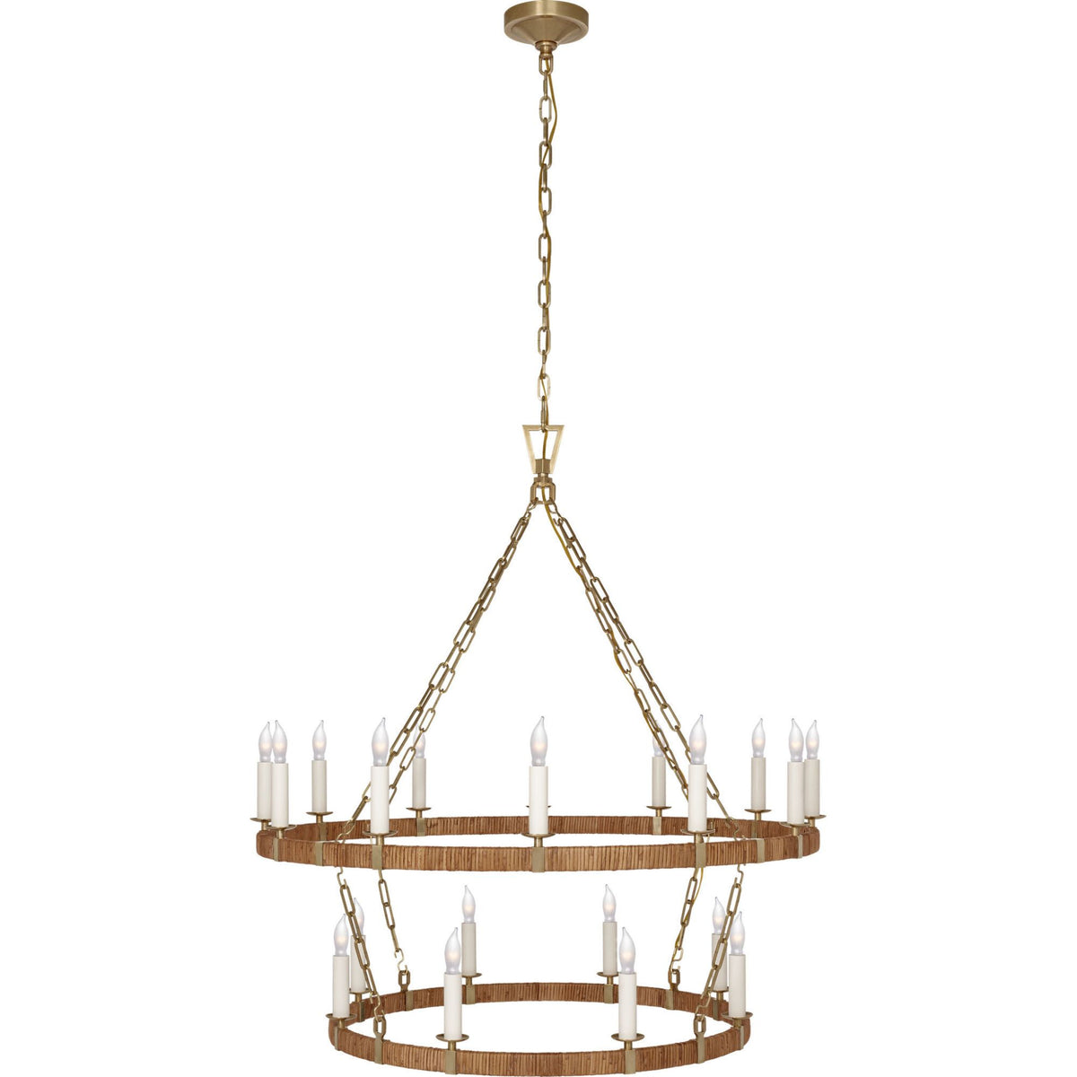 Chapman & Myers Darlana Large Two Tier Chandelier in Antique-Burnished Brass and Natural Rattan W39.25" x H44.5"