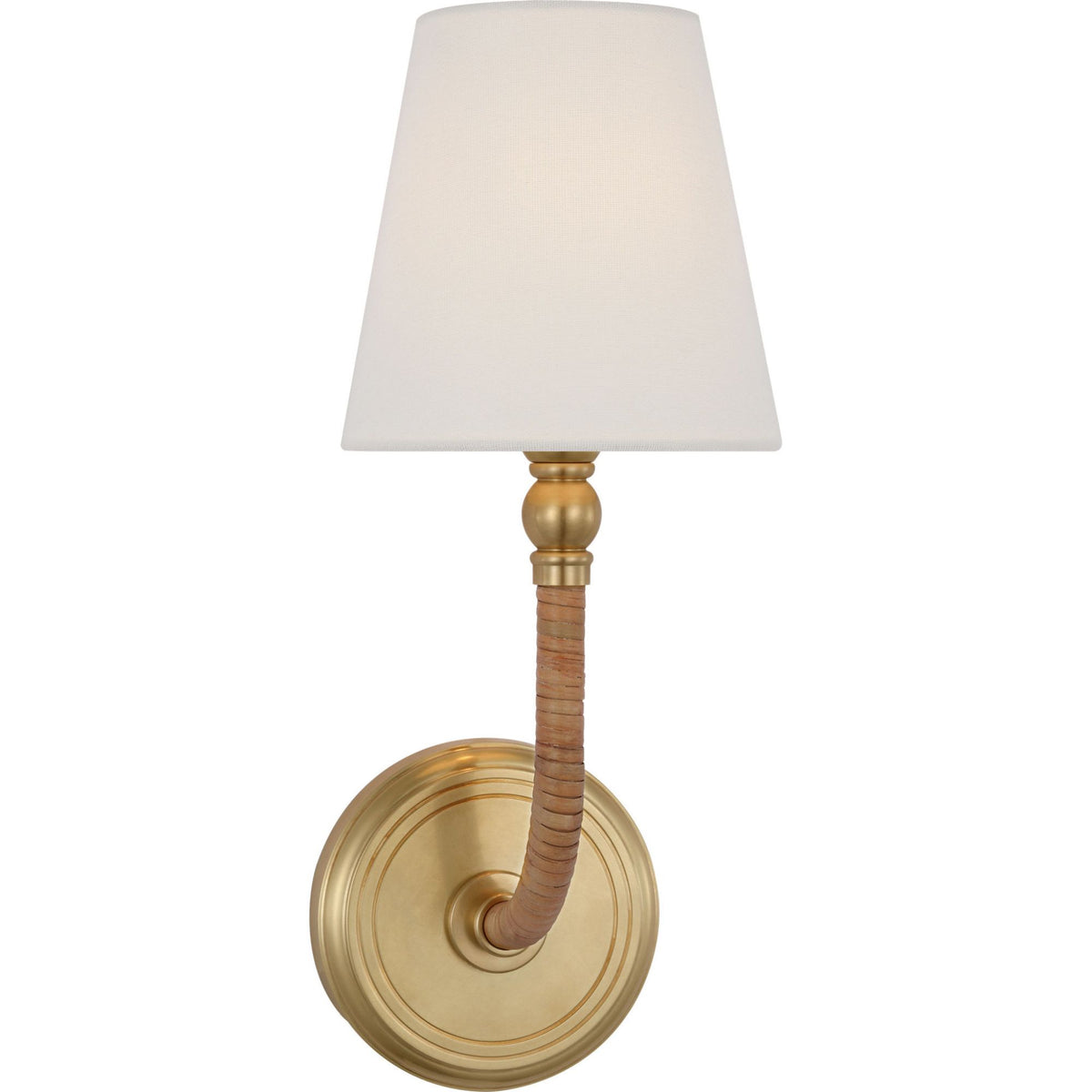 Chapman & Myers Basden Medium Sconce in Antique-Burnished Brass and Natural Rattan with Linen Shade W5.5" x H14" x E6.5"