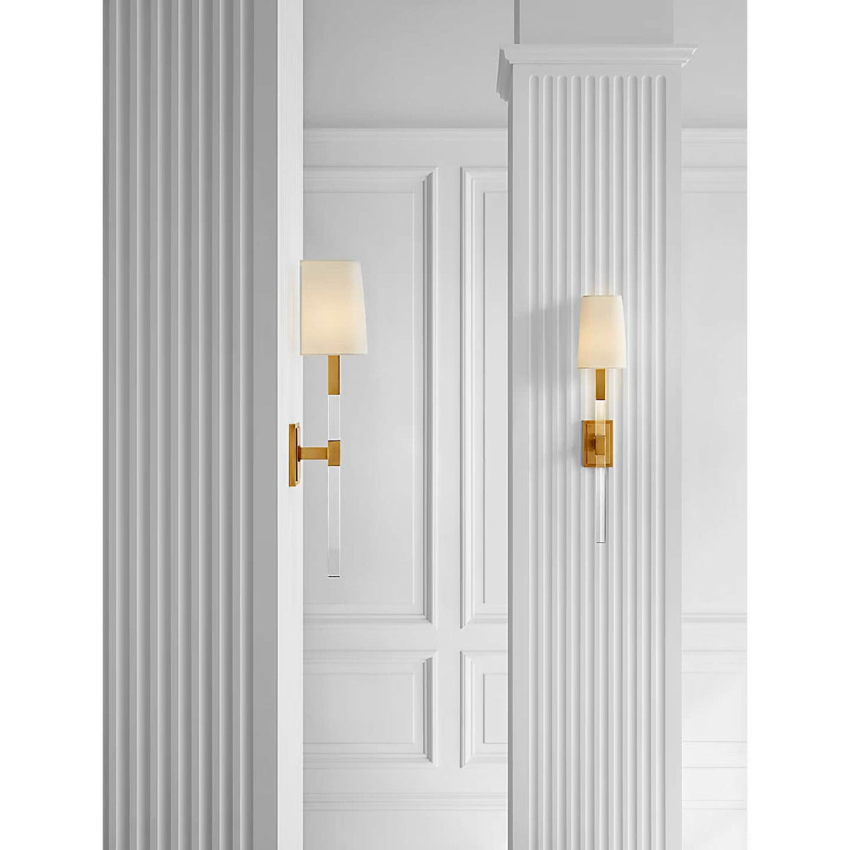 Chapman & Myers Reagan Medium Tail Sconce in Antique-Burnished Brass and Crystal with Linen Shade W5" x H24.75" x E6"
