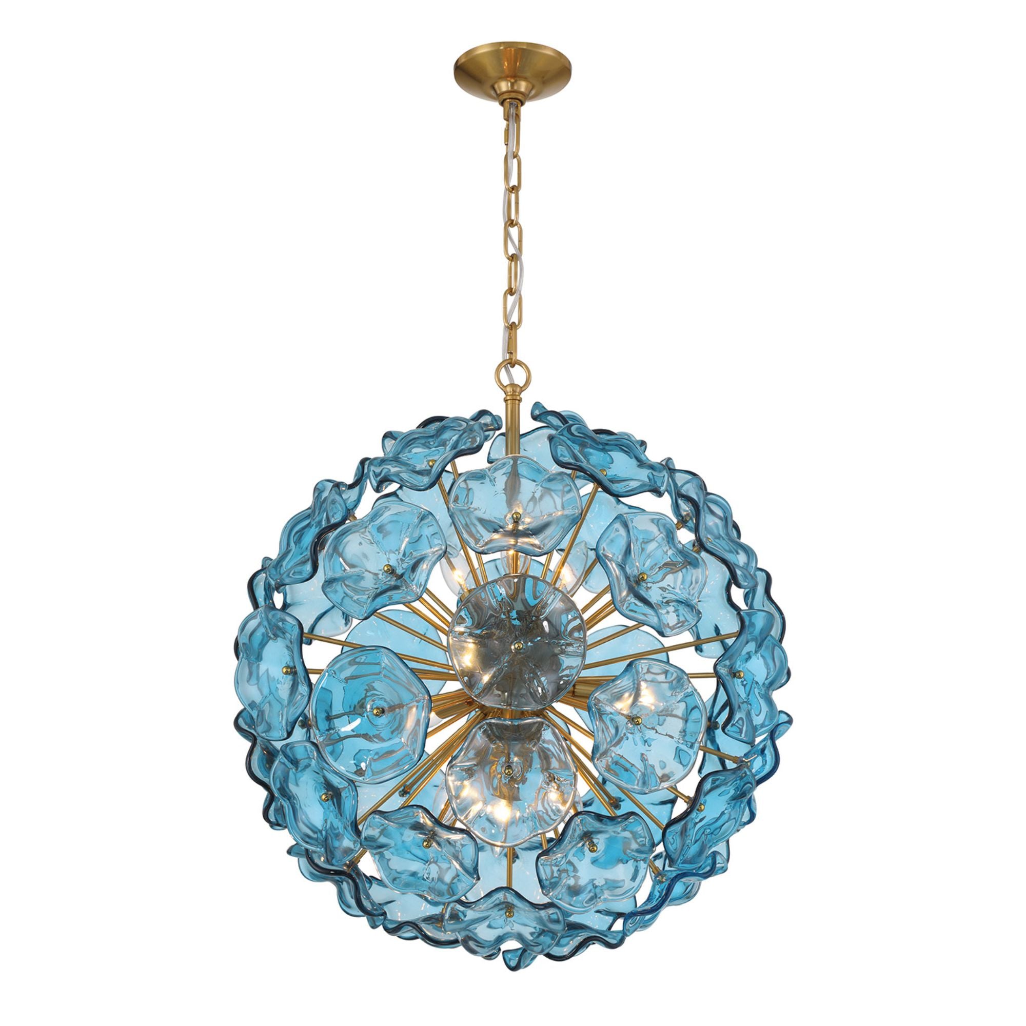 Esme 9 Light Aged Brass Pendant Floral Glass Petals Blue 22.5"W x 25.25"H x 22.5"D