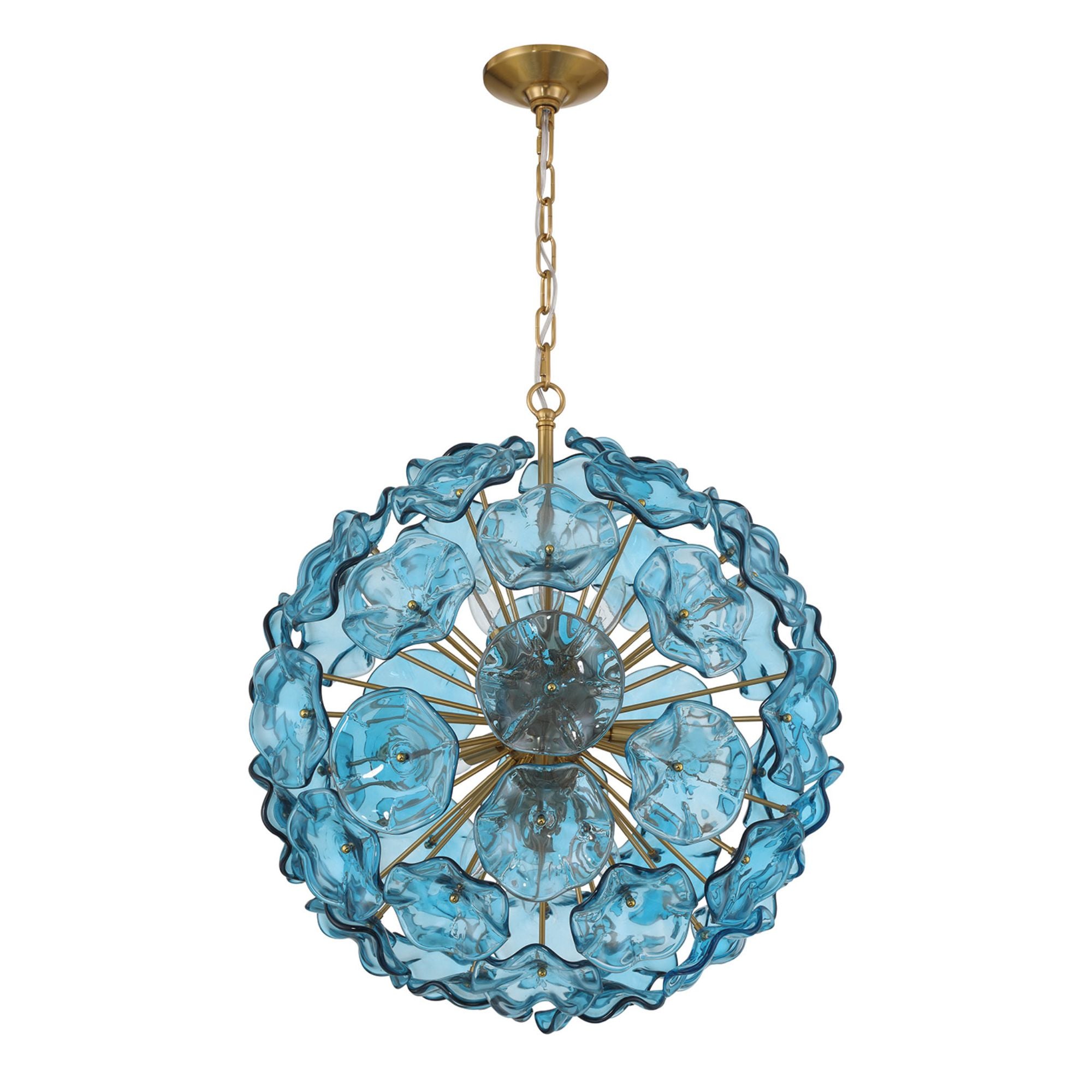 Esme 9 Light Aged Brass Pendant Floral Glass Petals Blue 22.5"W x 25.25"H x 22.5"D