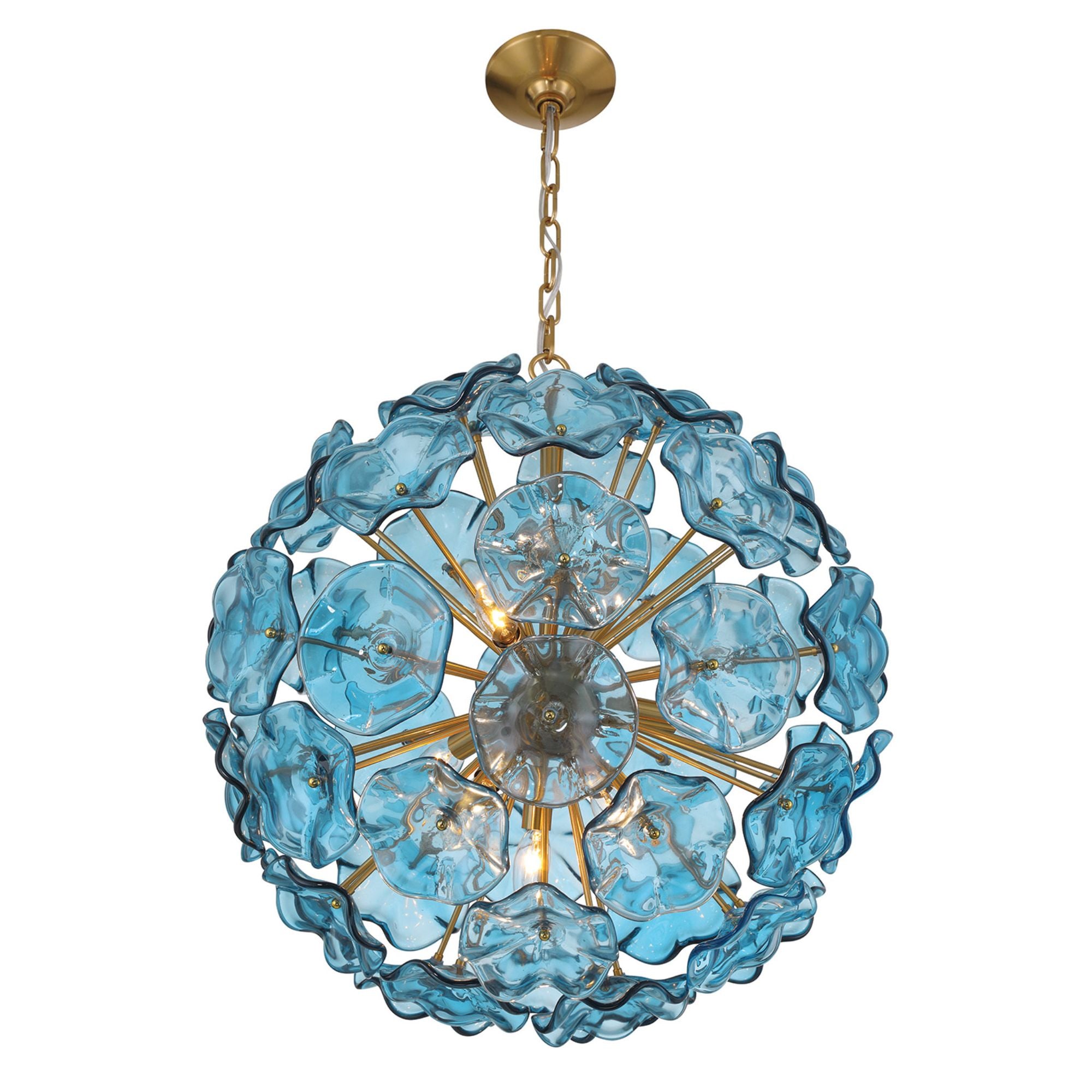 Esme 9 Light Aged Brass Pendant Floral Glass Petals Blue 22.5"W x 25.25"H x 22.5"D
