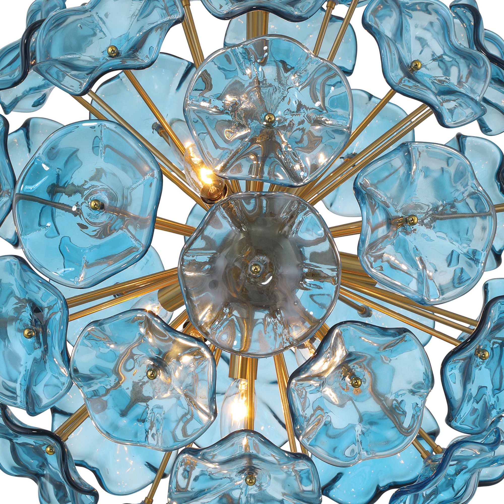 Esme 9 Light Aged Brass Pendant Floral Glass Petals Blue 22.5"W x 25.25"H x 22.5"D