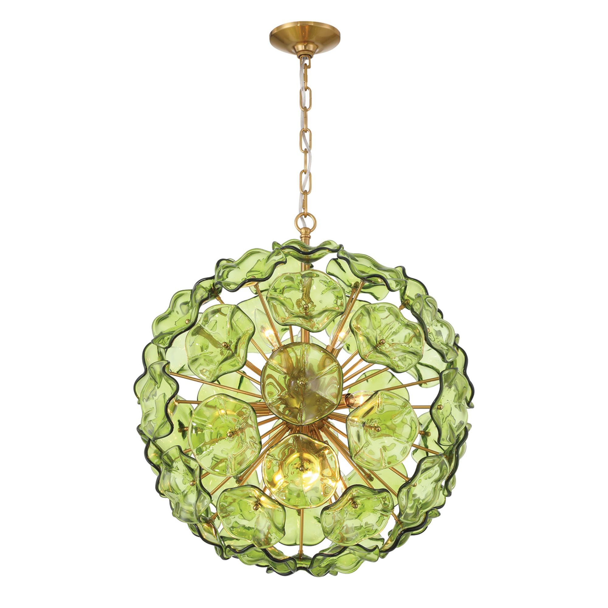 Esme 9 Light Aged Brass Pendant Floral Glass Petals Green 22.5"W x 25.25"H x 22.5"D