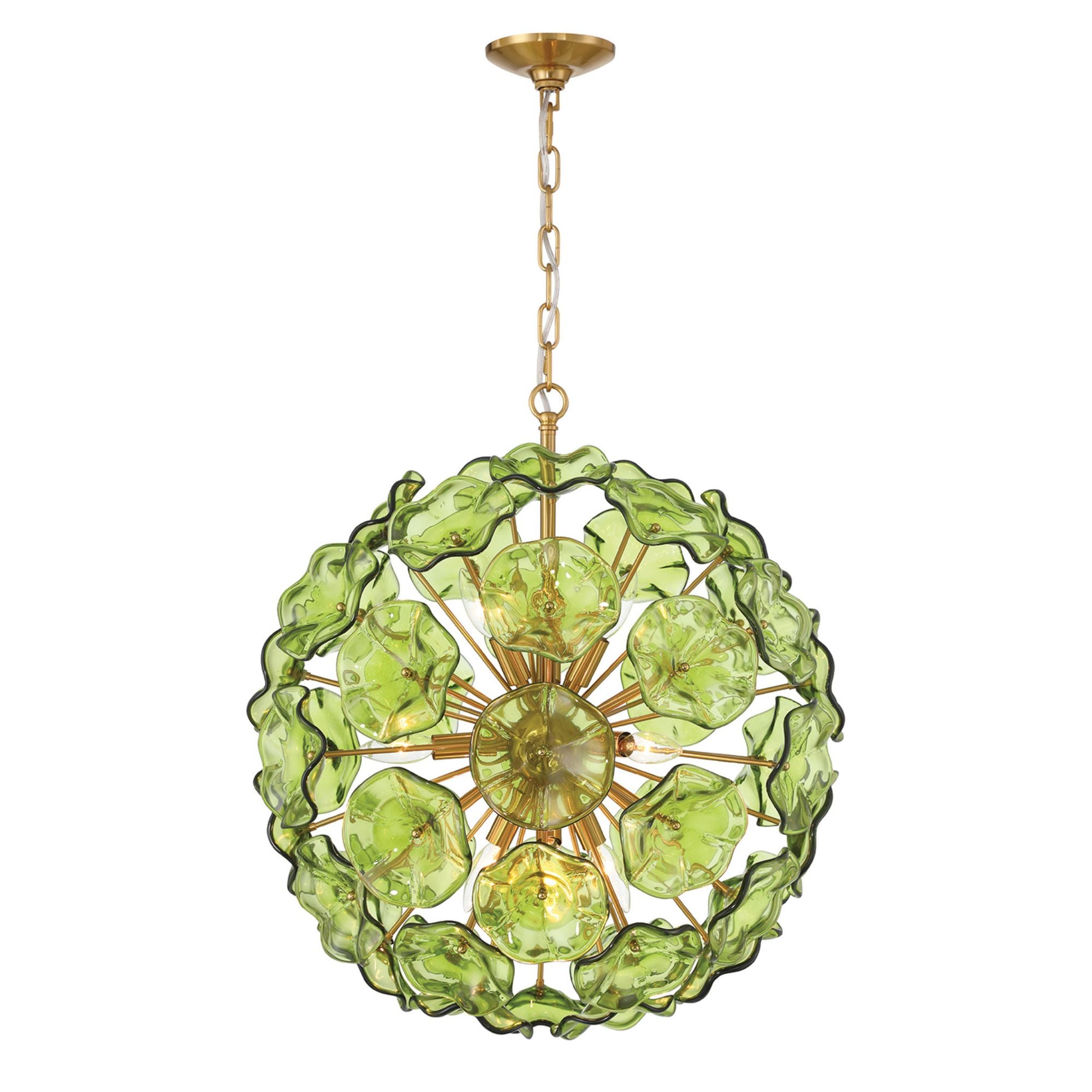 Esme 9 Light Aged Brass Pendant Floral Glass Petals Green 22.5"W x 25.25"H x 22.5"D