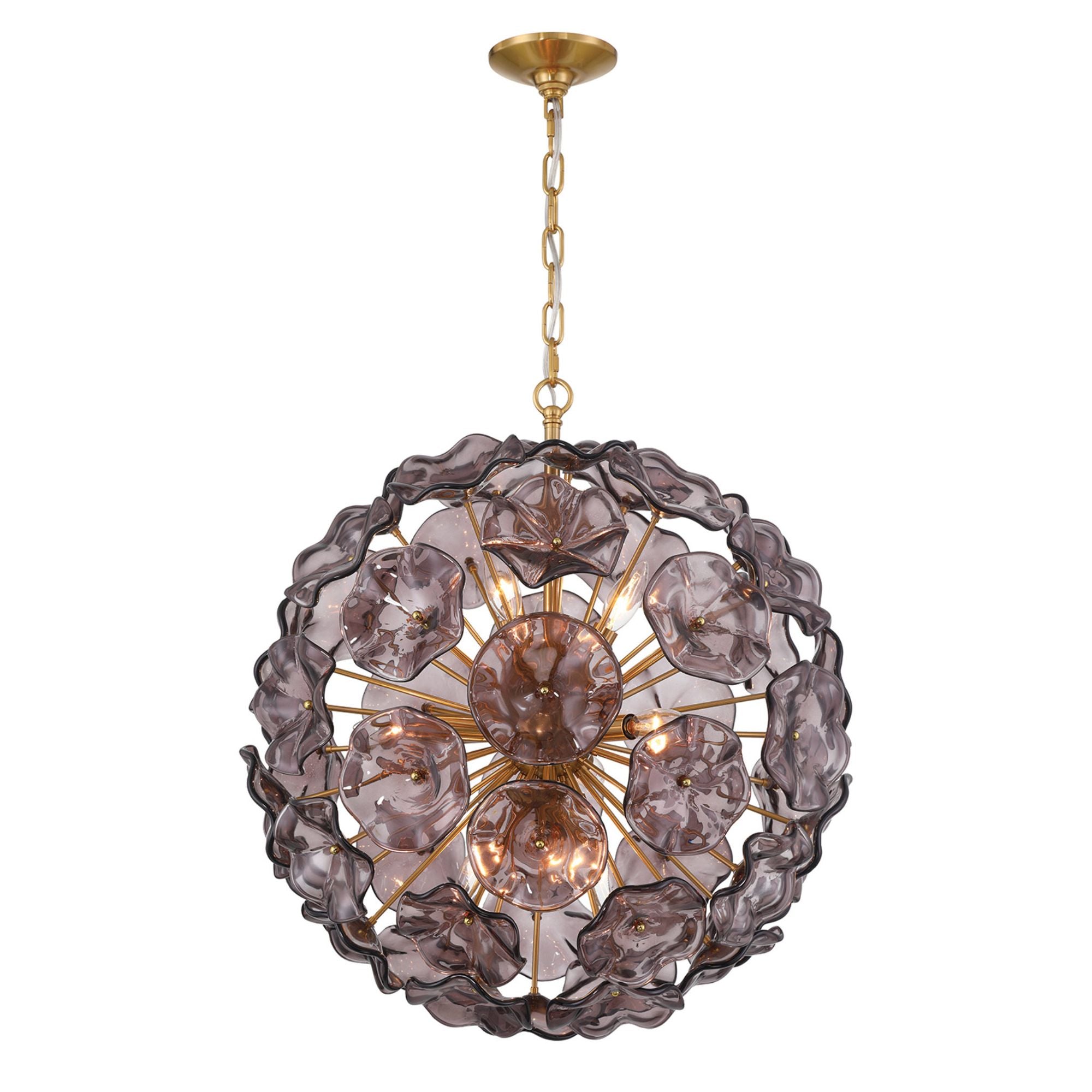 Esme 9 Light Aged Brass Pendant Floral Glass Petals Smoked 22.5"W x 25.25"H x 22.5"D