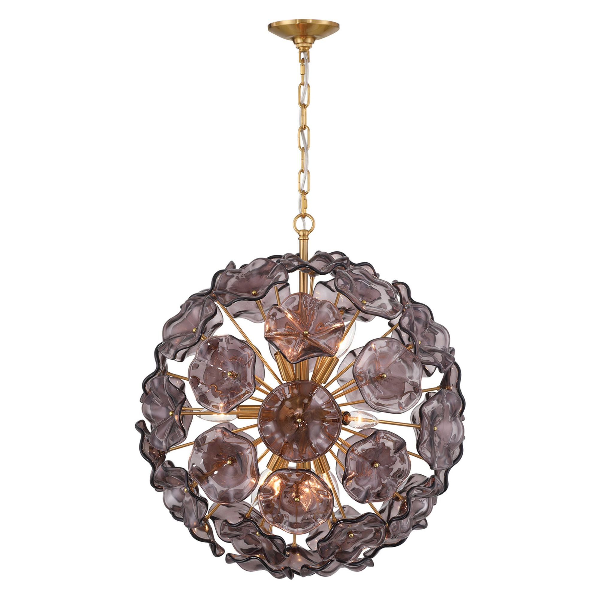 Esme 9 Light Aged Brass Pendant Floral Glass Petals Smoked 22.5"W x 25.25"H x 22.5"D