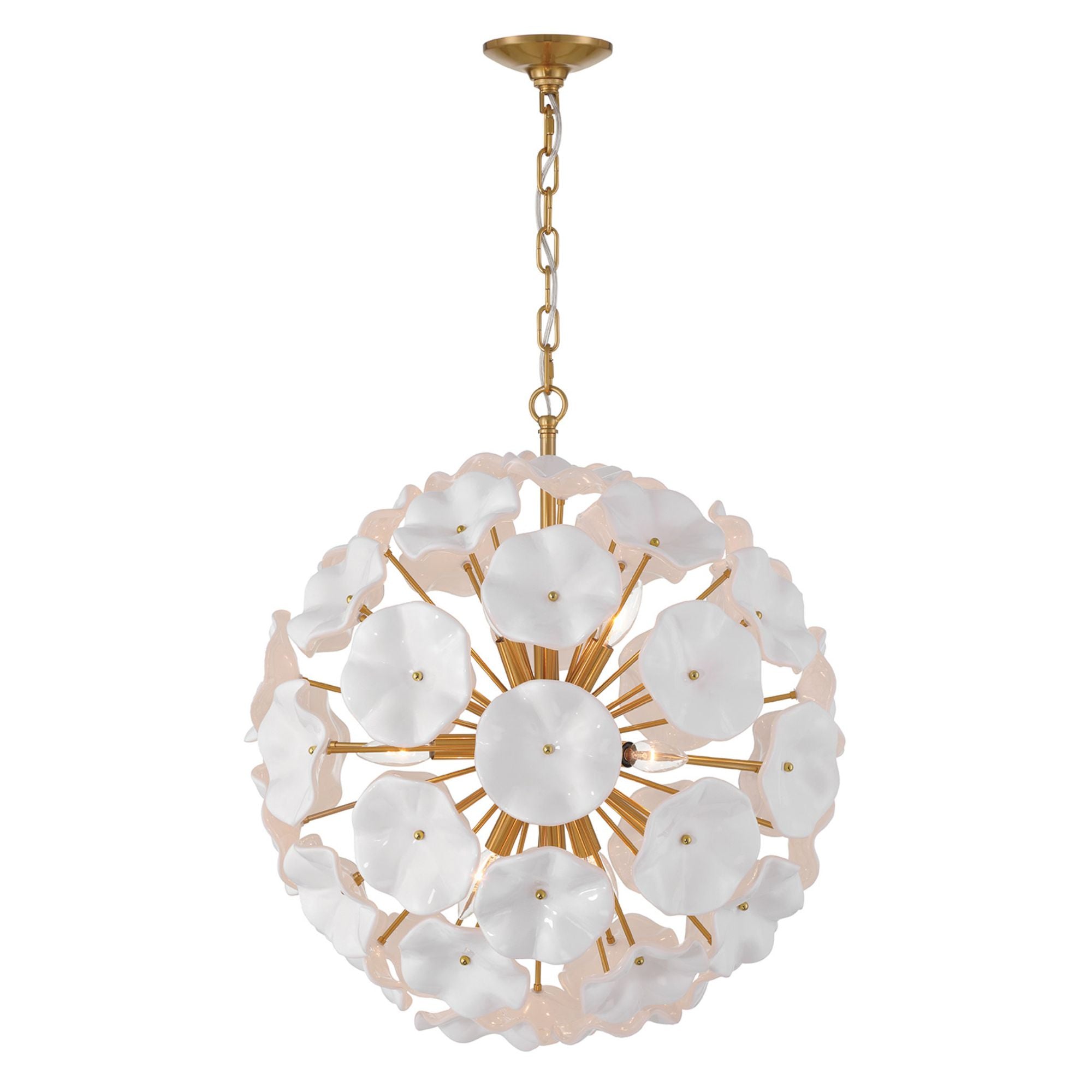 Esme 9 Light Aged Brass Pendant Floral Glass Petals White 22.5"W x 25.25"H x 22.5"D