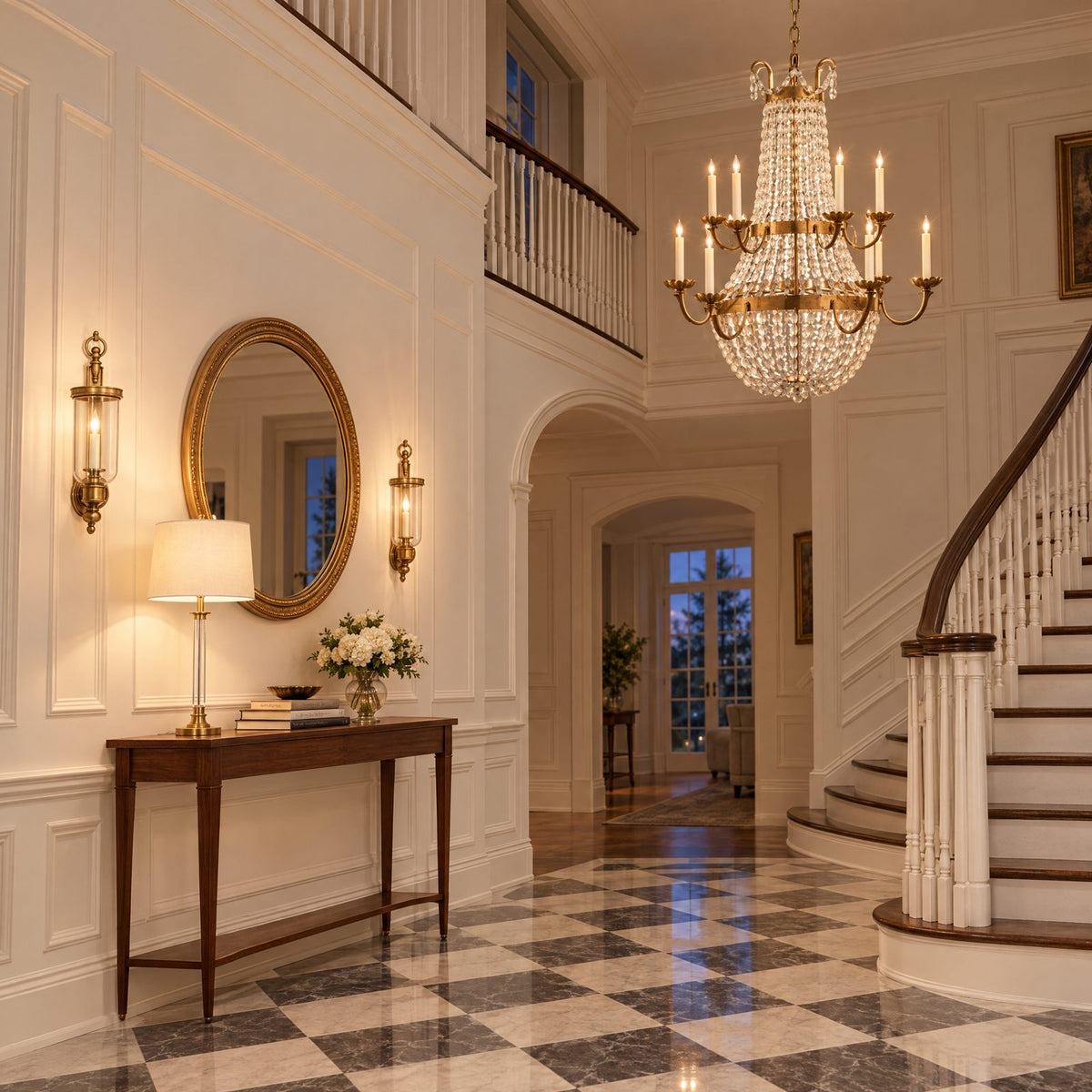 Shop the look: Two-story foyer with an antique brass seeded-glass chandelier hung level with the landing, brass hurricane sconces flanking a console mirror, and a crystal buffet lamp on the console
