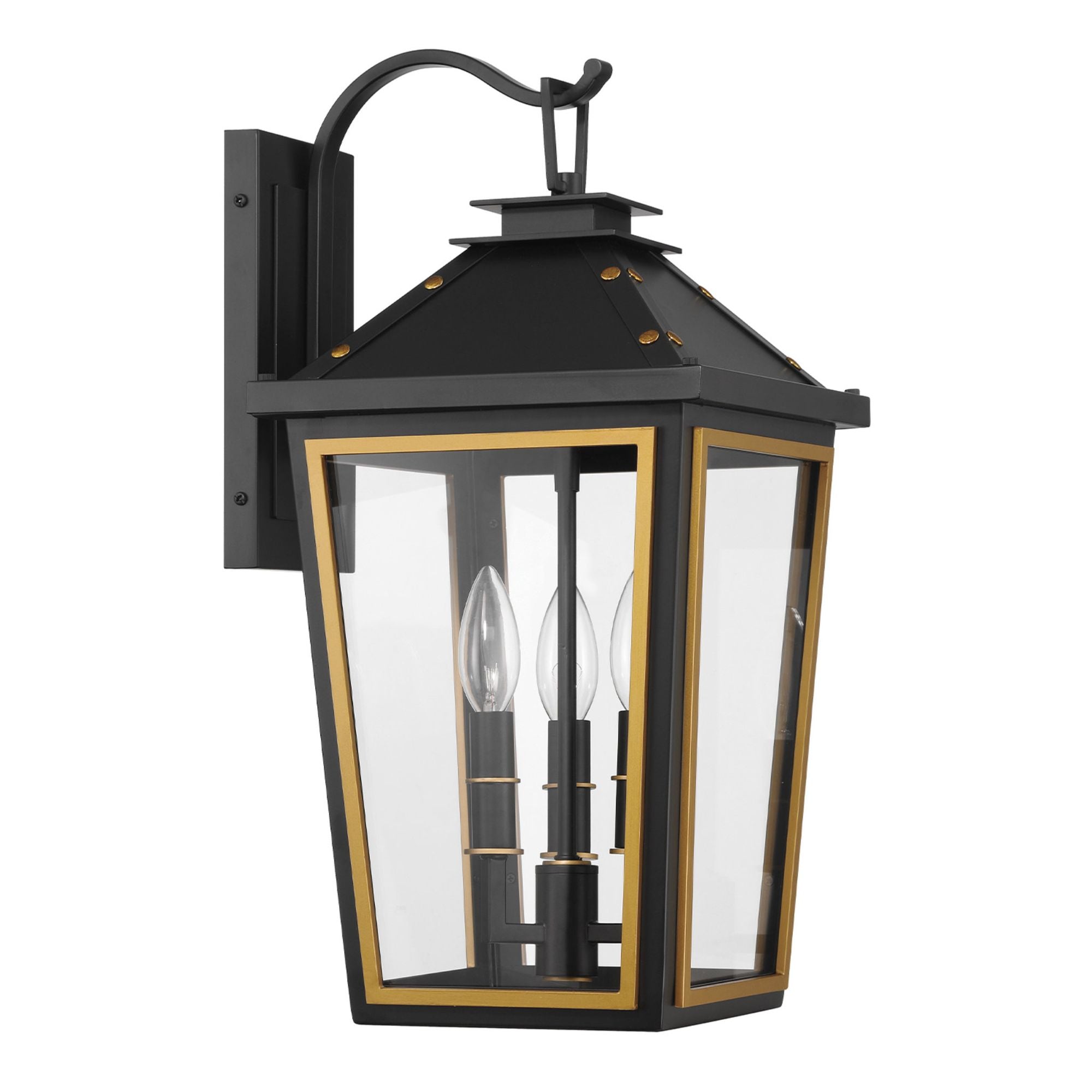 Hawkins 3 Light Matte Black + Textured Gold Outdoor Sconce Clear Glass 9.5"W x 19.5"H x 11.5"D