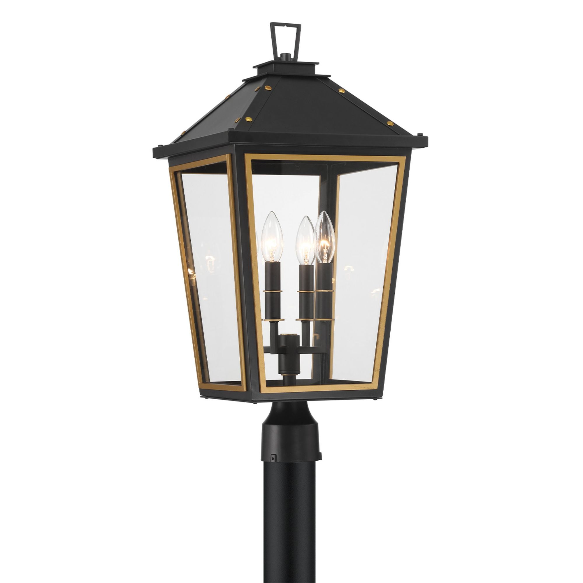 Hawkins 4 Light Matte Black + Textured Gold Outdoor Post Clear Glass 12"W x 25"H x 12"D