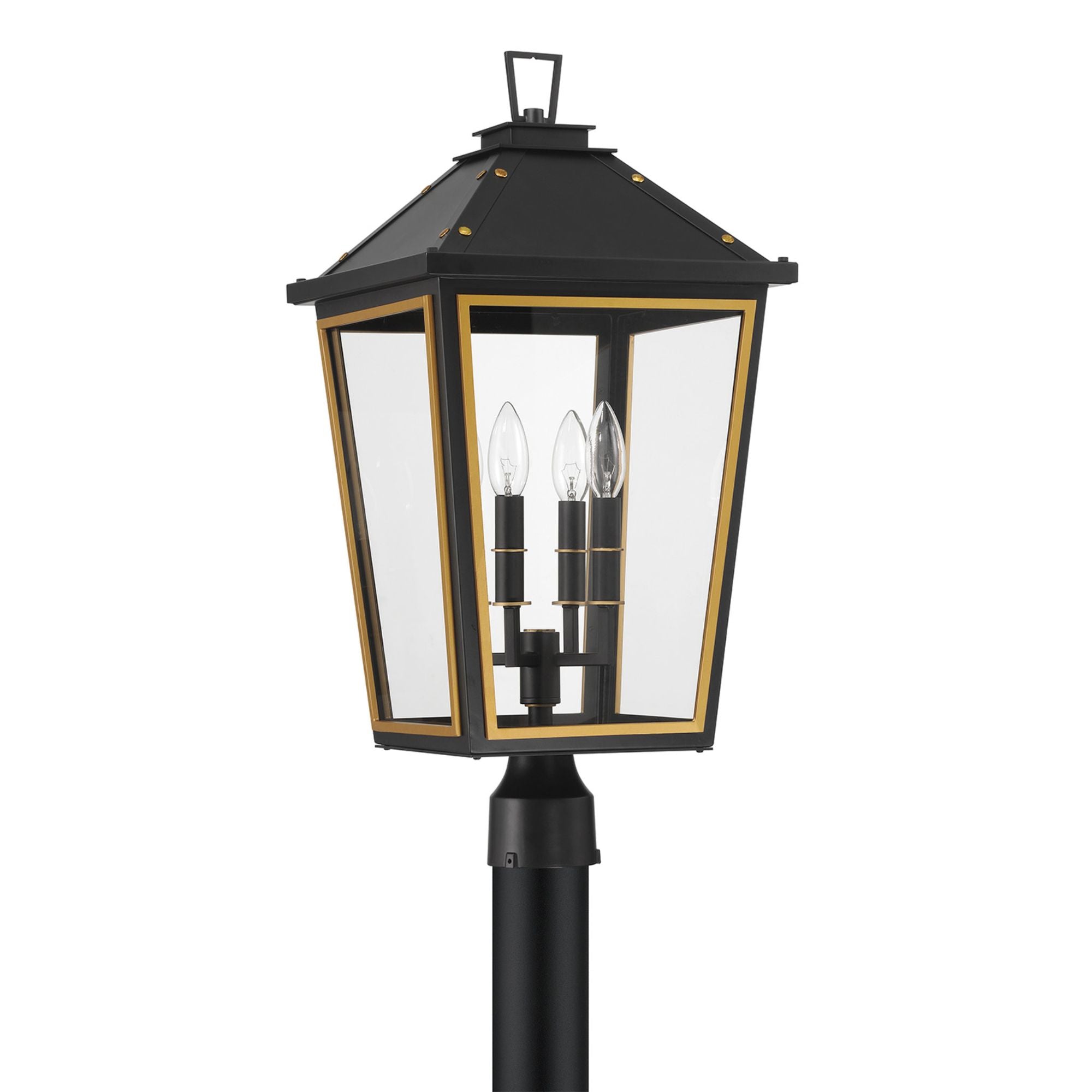 Hawkins 4 Light Matte Black + Textured Gold Outdoor Post Clear Glass 12"W x 25"H x 12"D