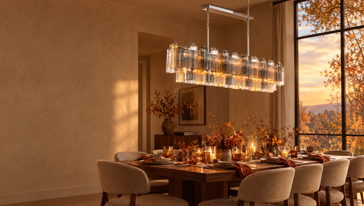Autumn dining room lit by the Crystorama Addis linear chandelier in Multi Autumn Glass