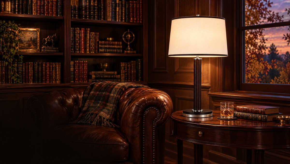 Library study with the Ralph Lauren Riley table lamp in Polished Nickel and Chocolate Leather