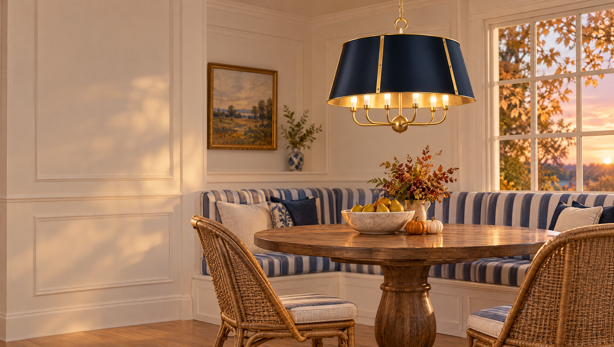 Breakfast nook with a Mark D. Sikes Cambridge chandelier in aged brass and darkest blue