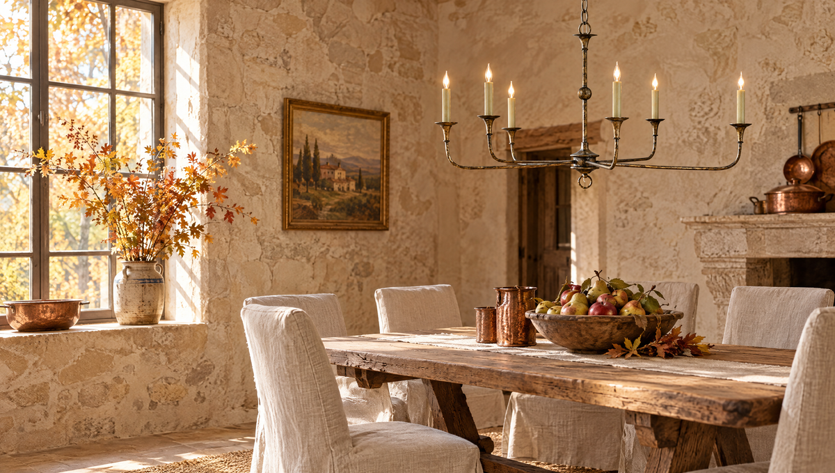 Farmhouse dining room with the Currey and Company Nottaway chandelier in pyrite bronze