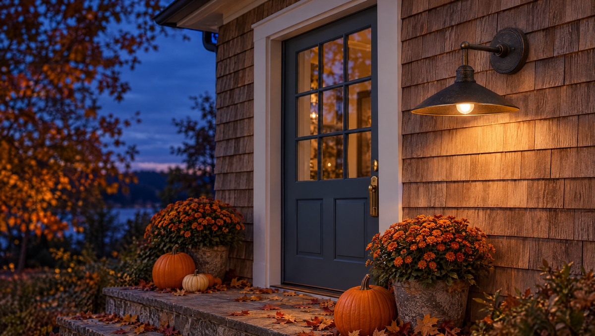 Shingled front entry at dusk with pumpkins and a bronze barn-style outdoor wall light