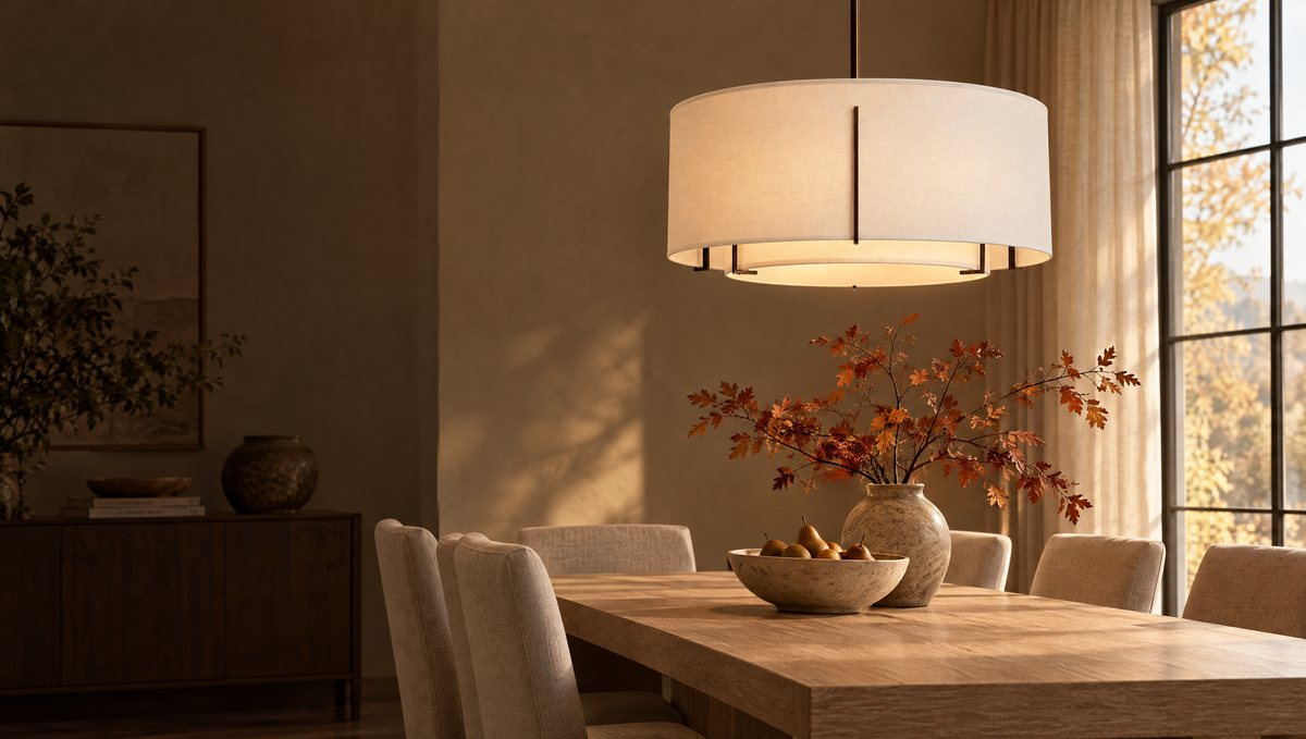 Hubbardton Forge Exos double shade pendant over a white oak dining table in an autumn dining room