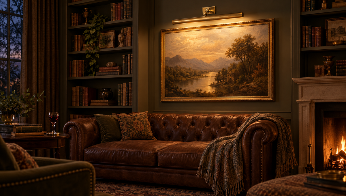 Library with a landscape painting lit by a brass Cabinet Maker's picture light above a leather sofa