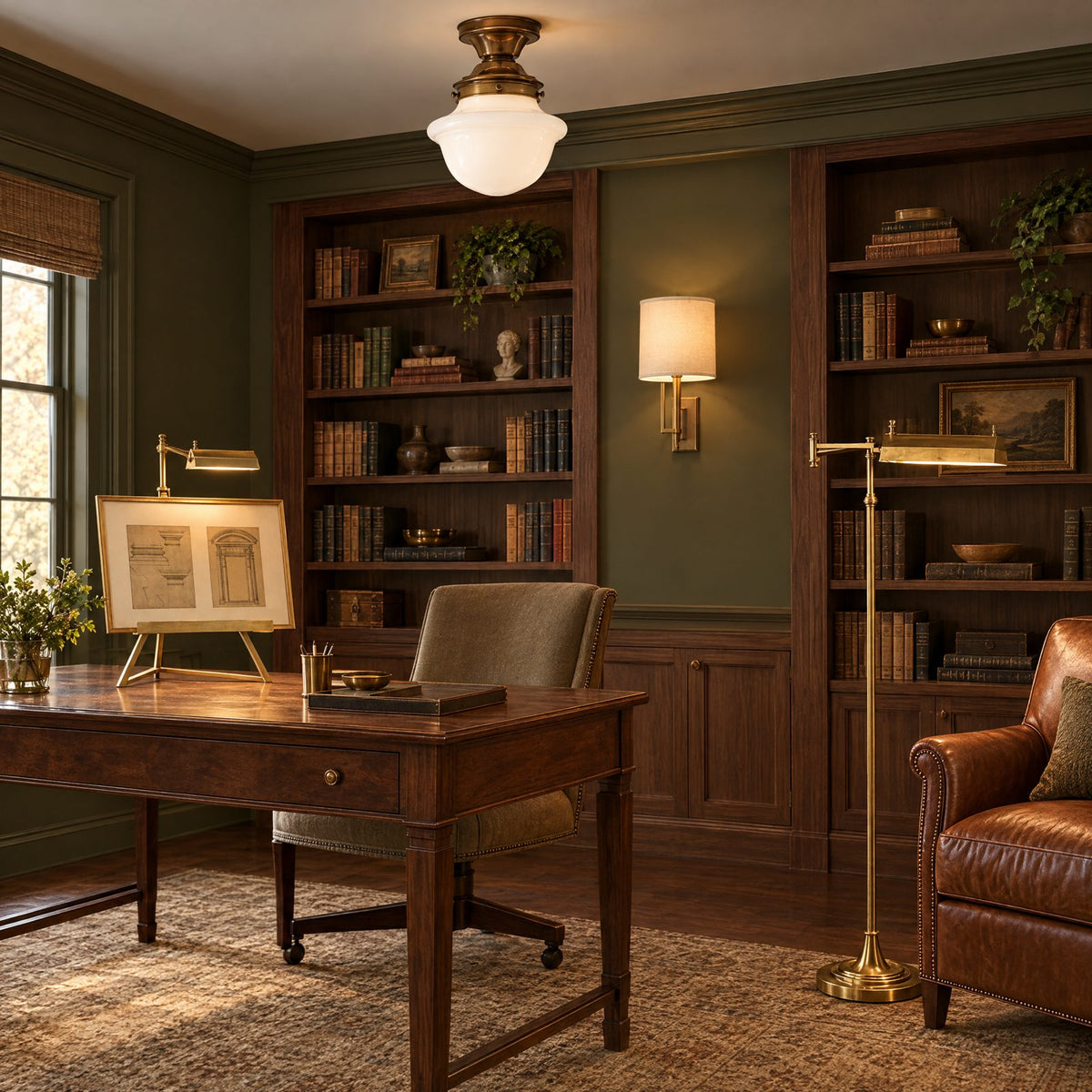 Shop the look: Home office with olive-green walls and walnut desk lit by a natural brass Alexa Hampton Estelle desk lamp, a Barbara Barry Aspect library sconce, a Chapman & Myers Edmond flush mount ceiling light and a Dorchester swing-arm floor lamp