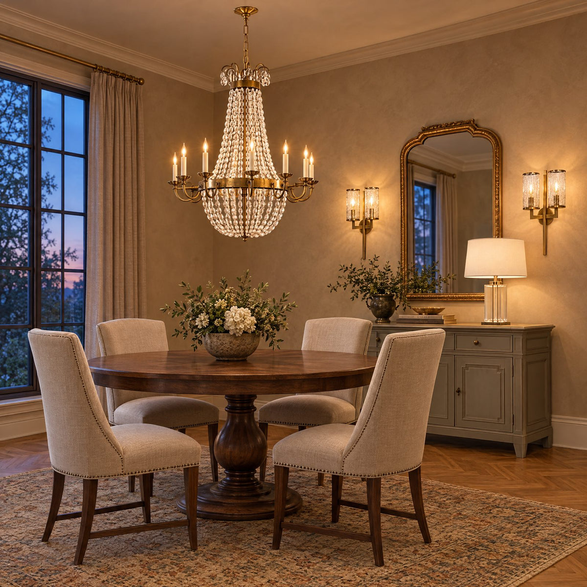 Shop the look: Traditional dining room with an antique brass Paris Flea Market chandelier over a round walnut table, brass double sconces and crystal table lamps on the sideboard