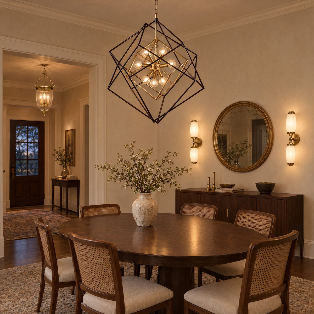Shop the look: Transitional dining room with a Hudson Valley Roundout aged brass chandelier over a walnut table, Brooke brass sconces flanking a mirror and a Hanover glass pendant in the entry beyond