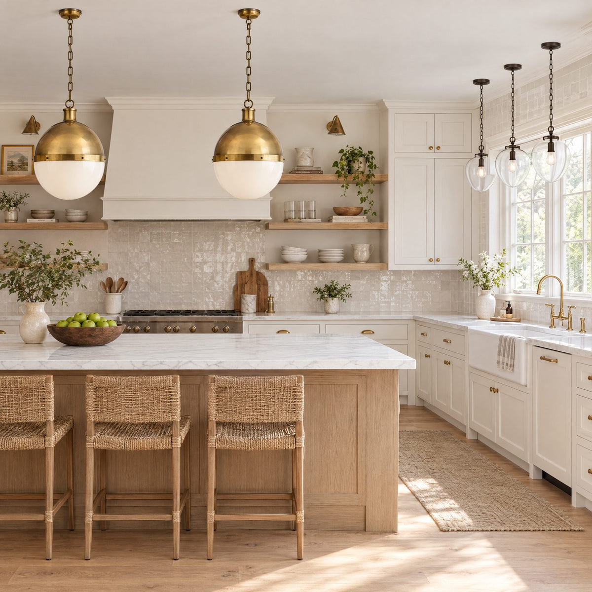 Shop the look: Transitional kitchen with two Thomas O'Brien Hicks brass and white glass pendants over a marble island and three Katie bronze acorn pendants over the sink