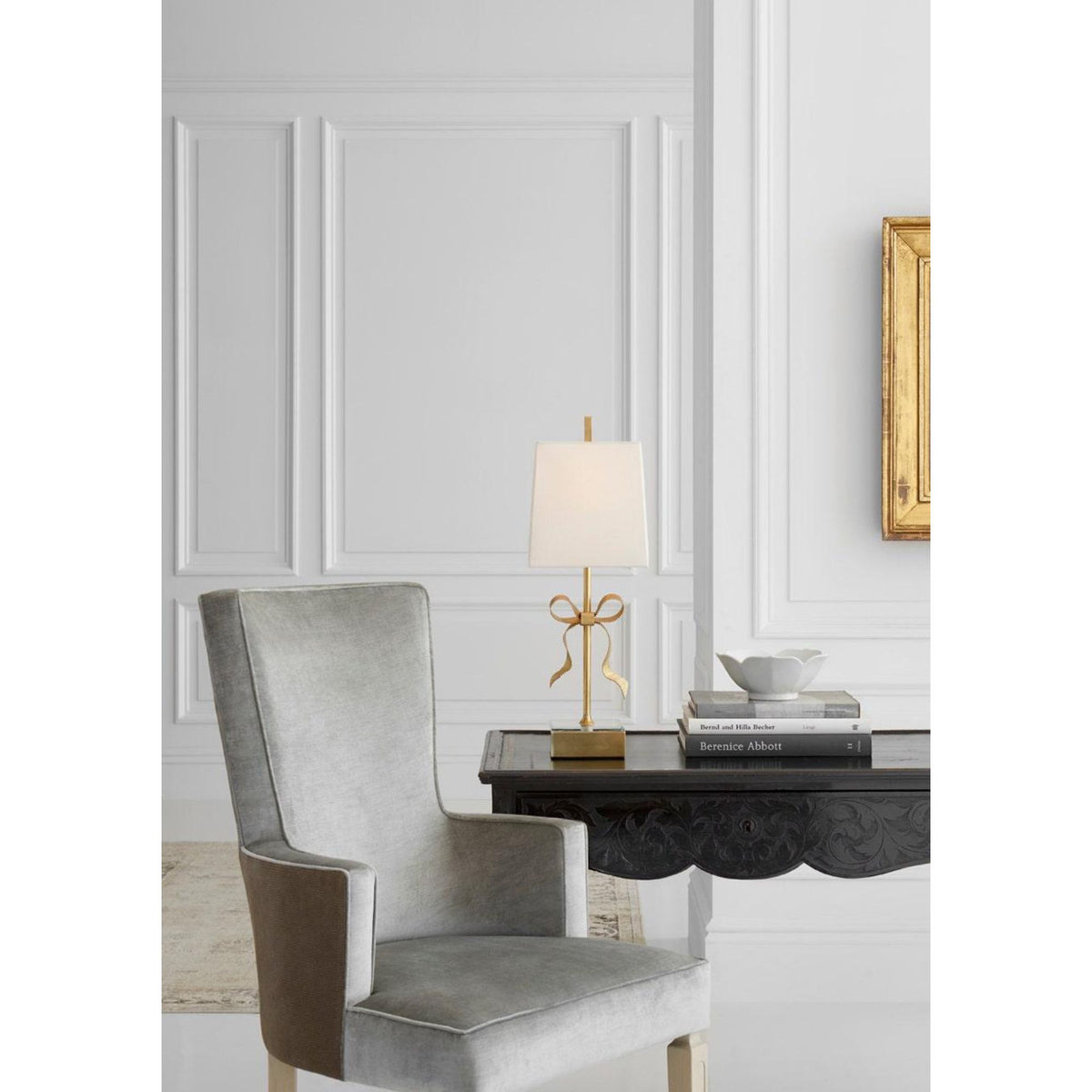 kate spade new york Ellery Gros-Grain Bow Table Lamp in Soft Brass and Mirror with Cream Linen Shade W8" x H22.75"