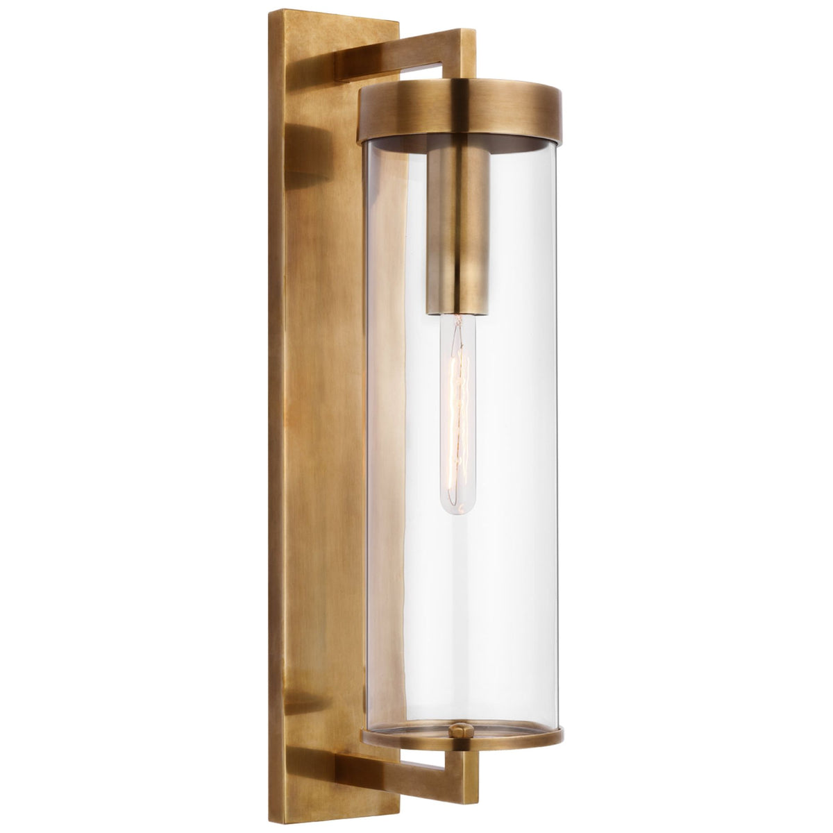 Kelly Wearstler Liaison Large Bracketed Outdoor Wall Sconce in Antique-Burnished Brass with Clear Glass W4.75" x H20" x E8"
