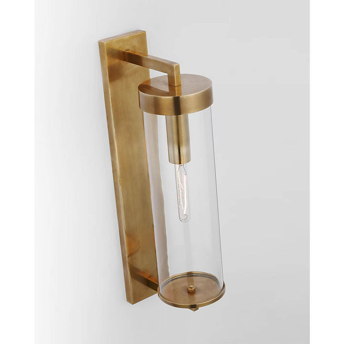 Kelly Wearstler Liaison Large Bracketed Outdoor Wall Sconce in Antique-Burnished Brass with Clear Glass W4.75" x H20" x E8"