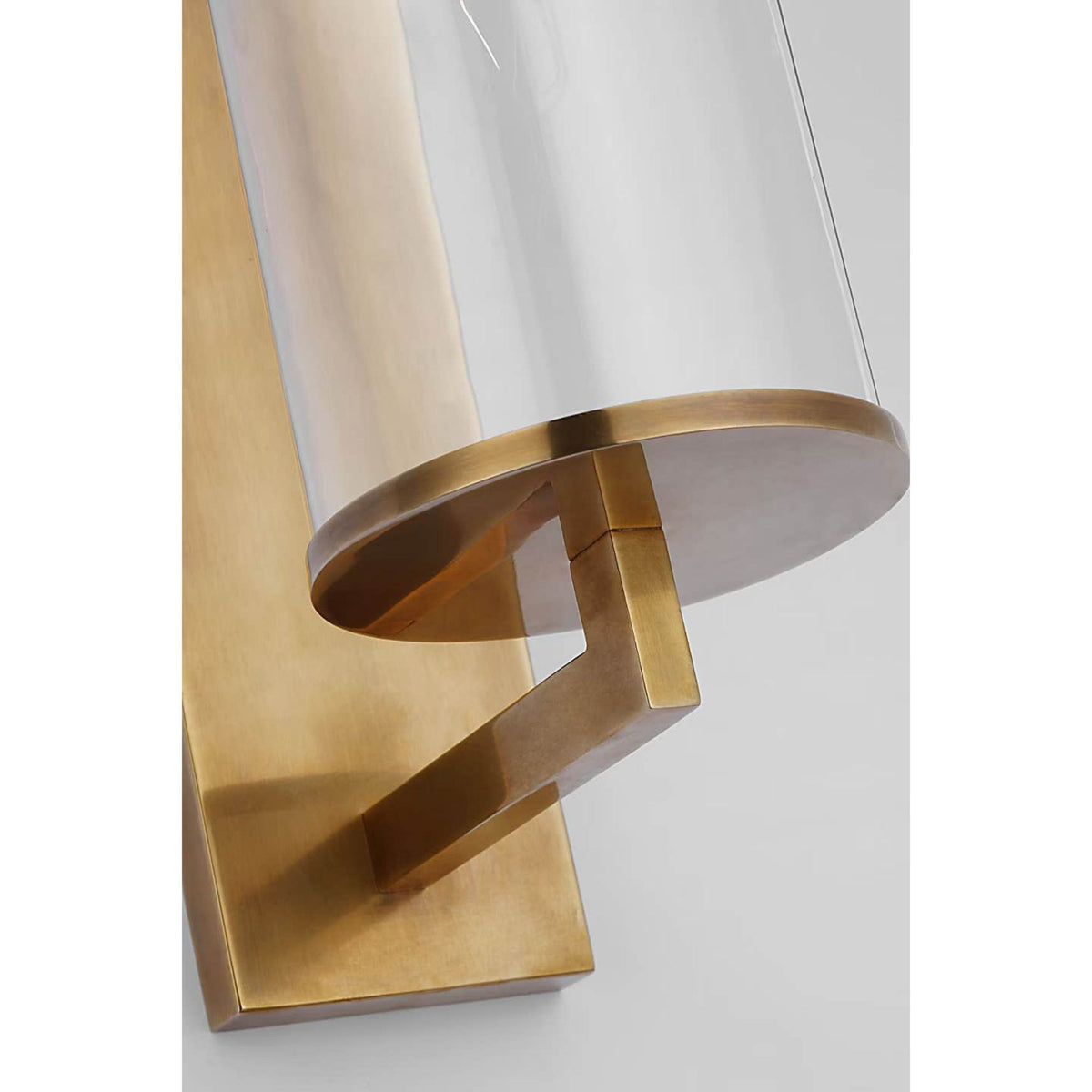 Kelly Wearstler Liaison Large Bracketed Outdoor Wall Sconce in Antique-Burnished Brass with Clear Glass W4.75" x H20" x E8"