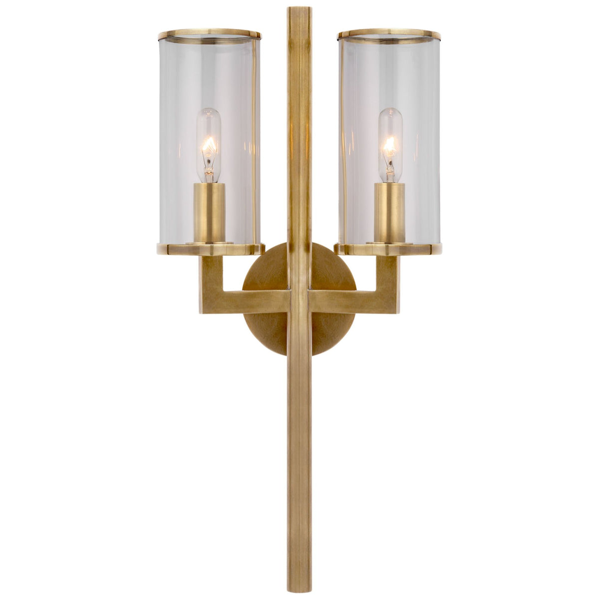 Kelly Wearstler Liaison Double Sconce in Antique-Burnished Brass with Clear Glass W9.5" x H19" x E5.25"