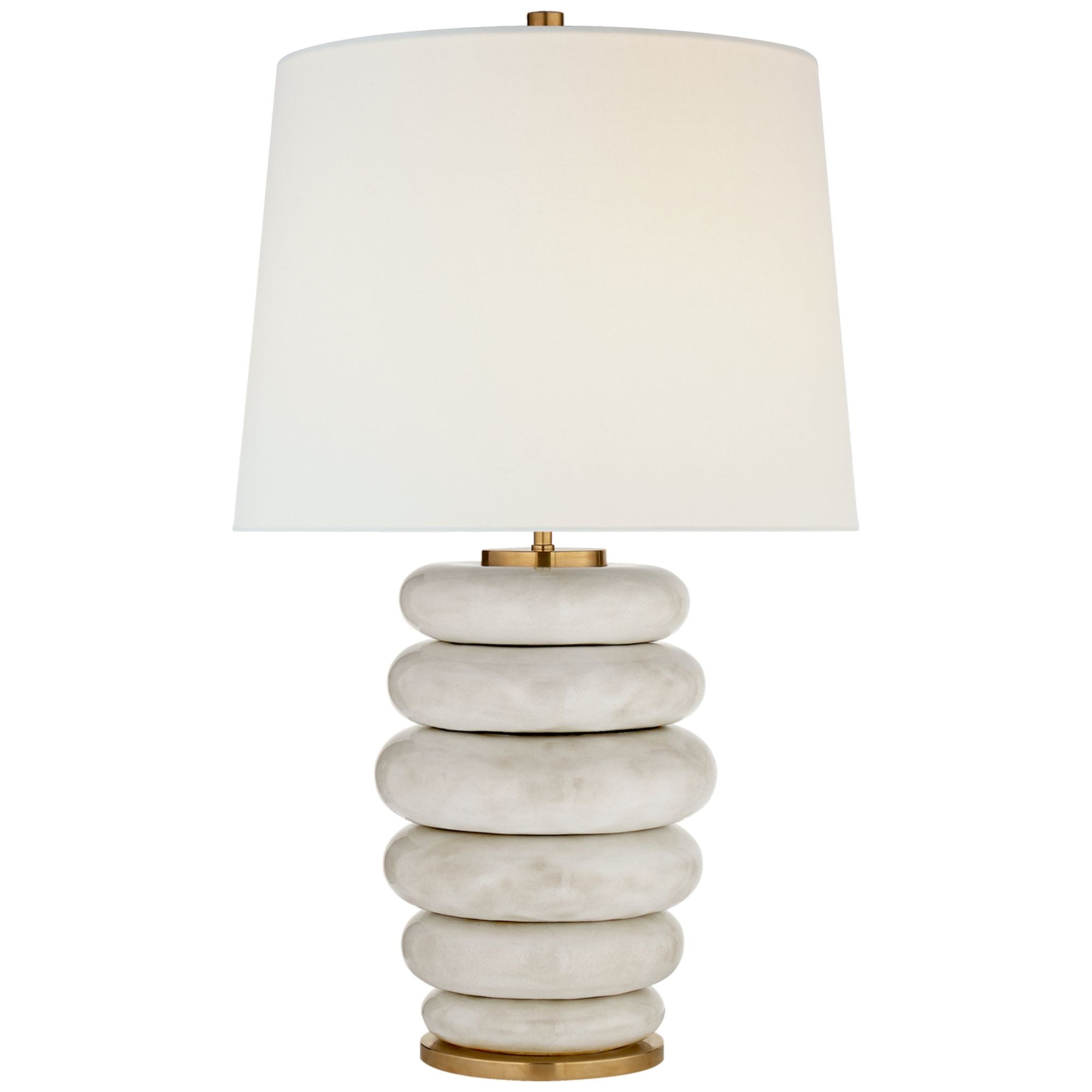 Kelly Wearstler Phoebe Cordless Stacked Table Lamp in Antiqued White Ceramic with Linen Shade W17" x H29.25"