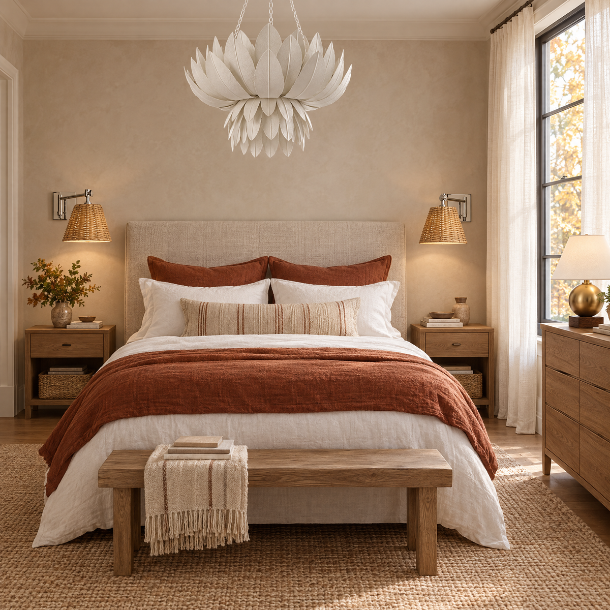 Bedroom with Marie Flanigan Sinclair chandelier, Wimberley bedside wall lights and Ralph Lauren Hardwick accent lamp